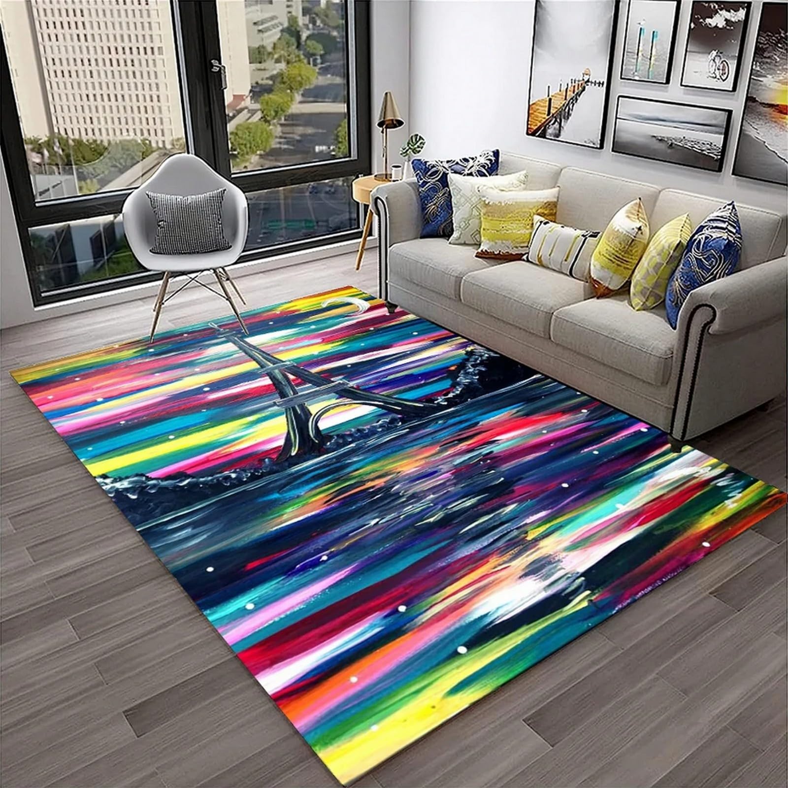 Tapis de salon Tour Eiffel 3D 120x160cm en flanelle lavable et antidérapant