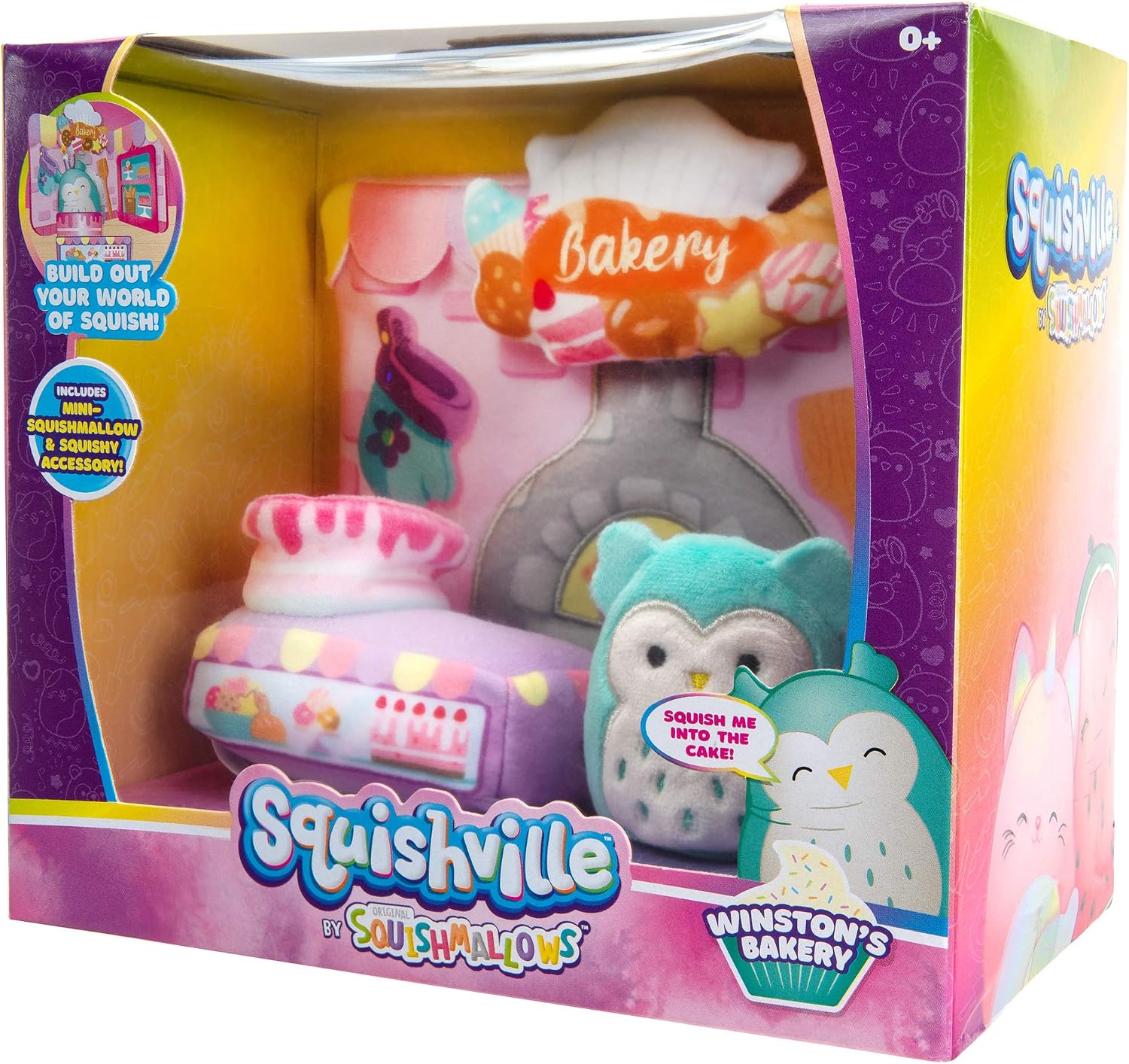 Squishville by Squishmallow Bakery Play Scene, 2” Winston Mini-Squishmallow, 8” Playset, 1 Plush Accessory, Marshmallow-Soft Animals, Bakery Toy