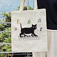 Vista 3 de Dlzdn Bolsa de lona con diseño de gato negro para mujer, estética, divertida, bonita, para jugar al piano, bolsa de compras para comestibles, bolsa