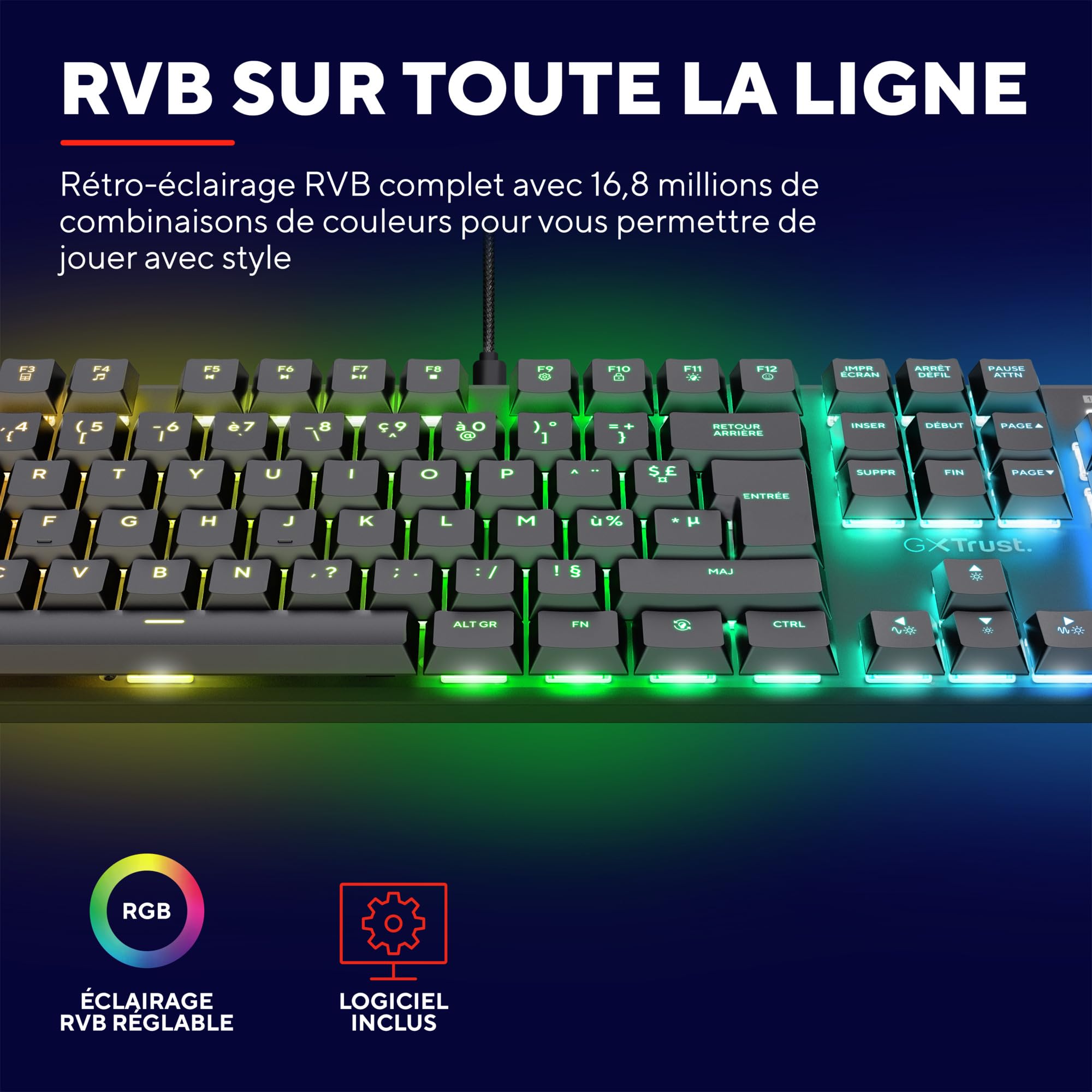 Trust Gaming GXT 868 Torix Clavier Mécanique sans Fil AZERTY Français, Clavier Gamer Rechargeable RGB 2.4GHz, Batterie 100 Heures, Commutateurs Huano Linéaires, Programmable, PC Portable