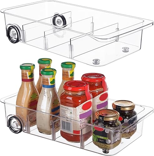 Vtopmart Organizador de refrigerador con ruedas, cajón transparente enrollable con divisores, cubos de almacenamiento de plástico grueso para