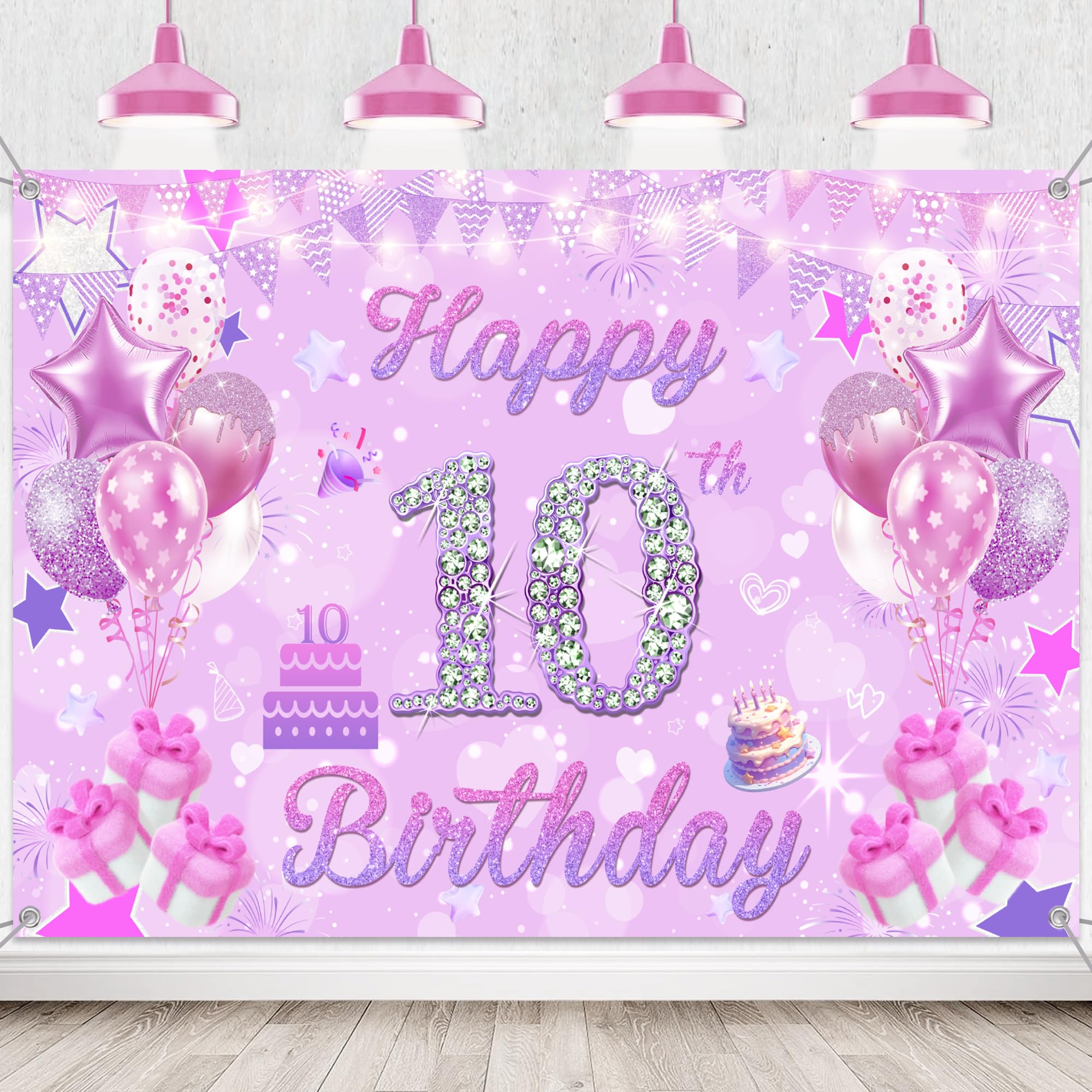 10th Birthday Decorations Banner Backdrop, Happy 10 Years Old Party