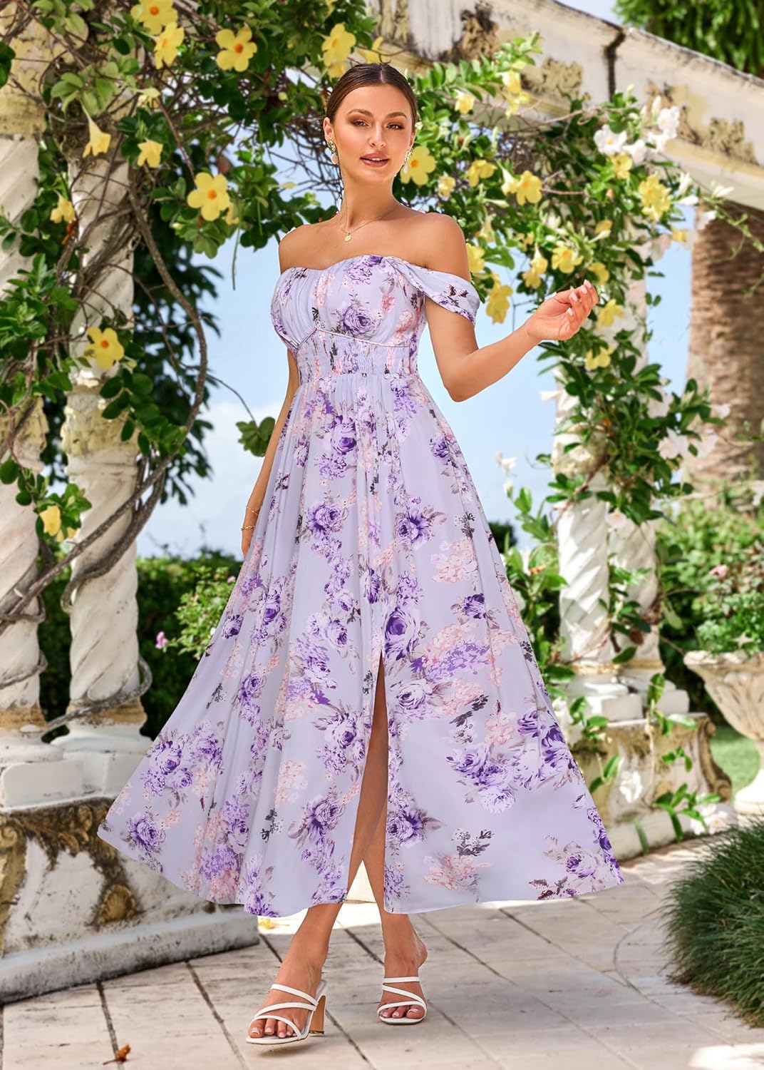 GRACE KARIN 2026 Women's Summer Floral Wedding Guest Dress,Beach Flowy A Line Maxi Off Shoulder Bridesmaid Dresses