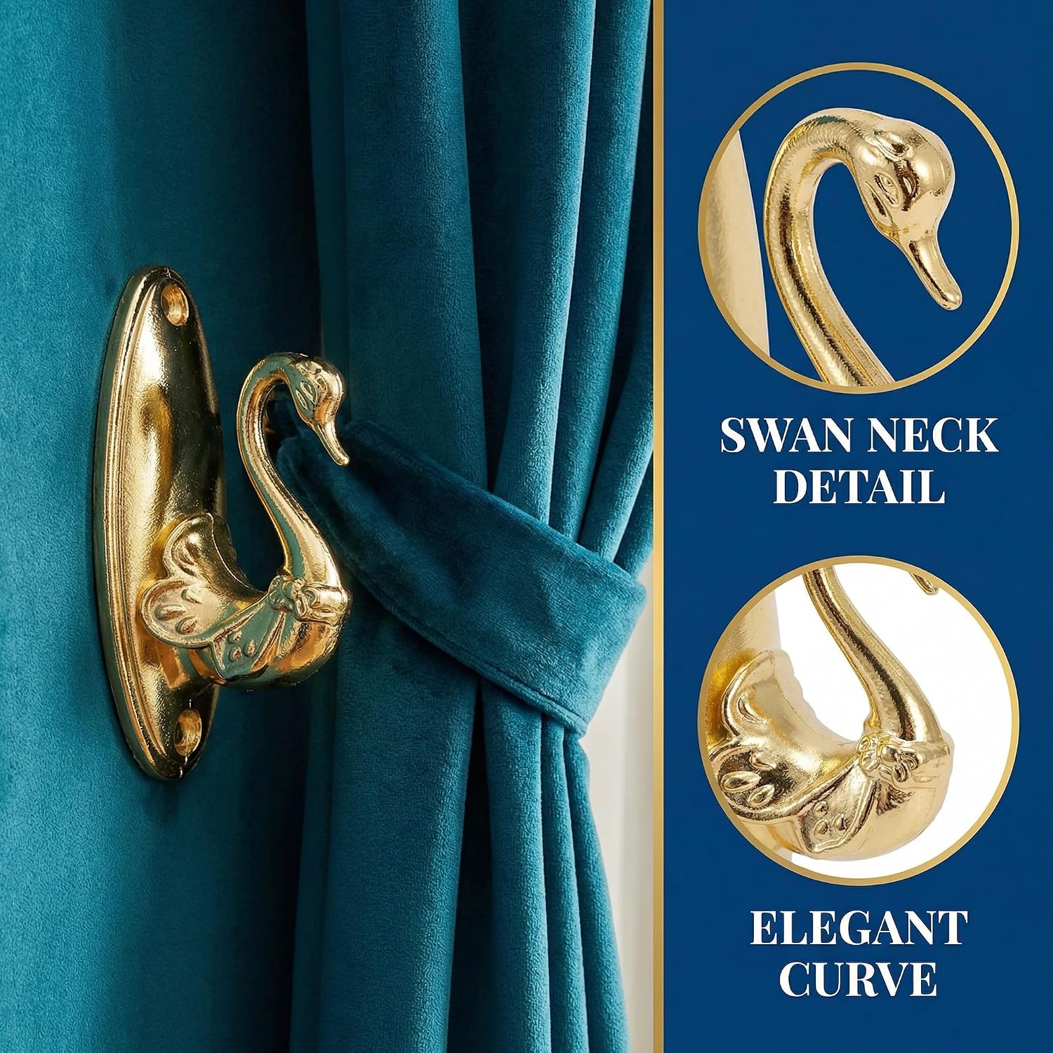 2Pcs Vintage Curtain Tiebacks Swan Style Brass Holdbacks Gold Drapery Hooks for Wall Decor Elegant Curtain Holders with Rod Design for Curtains Classic Swan Holder Hardware