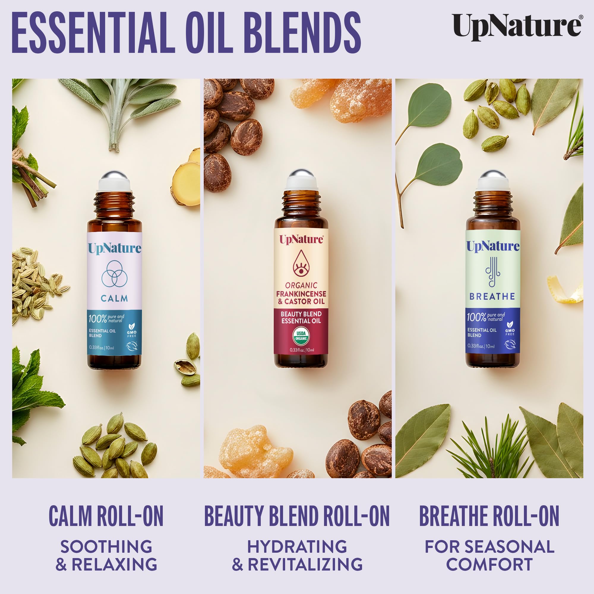 UpNature Self Care Essential Oil Roll On Set (3 Pack) – Relaxation Gifts for Women – Essential Oils Aromatherapy Rollers - Breathe, Beauty & Calm