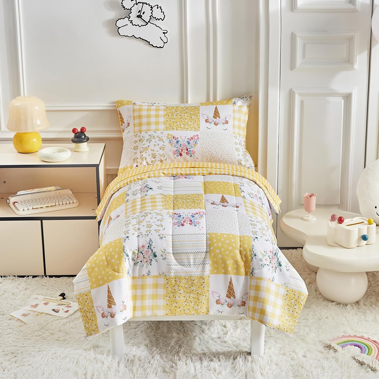 Joyreap 4 Piece Toddler Bedding Set for Girls- Butterflies Flowers Yellow n White Patchwork Design, Microfiber Toddler Bedding Comforter Set for All Seasons