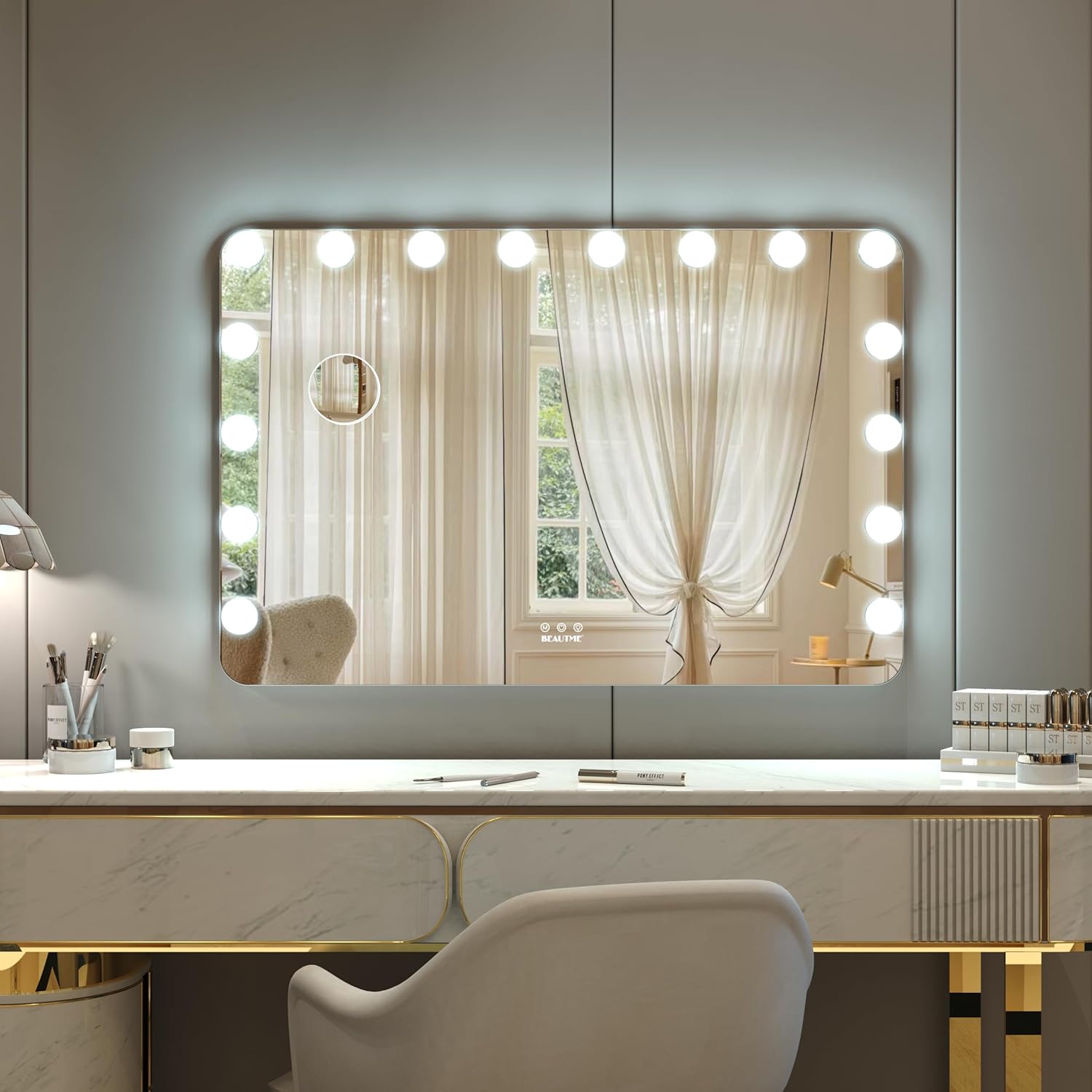 BEAUTME Large Vanity Mirror with Lights, 36''×24'' Makeup Mirror, Light up Mirror with 16 Dimmable LED Bulbs and 3 Color Lighting Modes, Tabletop or Wall Mounted, Silver