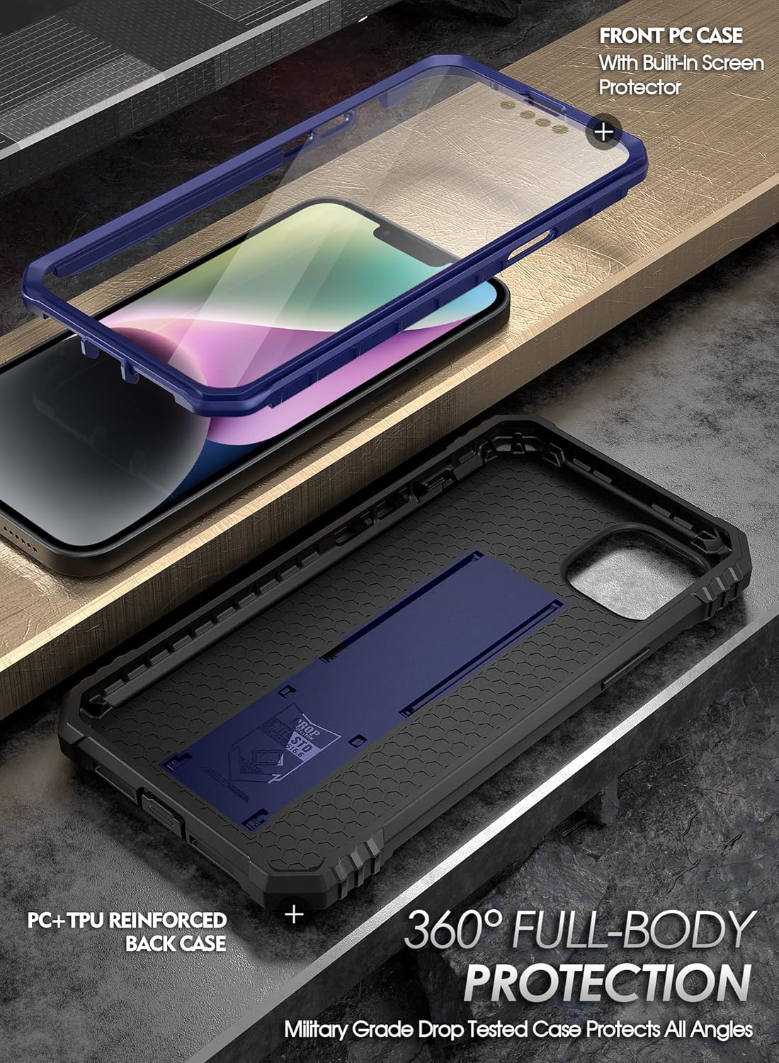 Poetic Revolution Case for iPhone 14 Plus 6.7 inch, [20FT Mil-Grade Drop Tested], Full-Body Rugged Shockproof Protective Cover with Kickstand and Built-in-Screen Protector, Navy Blue - Image 3