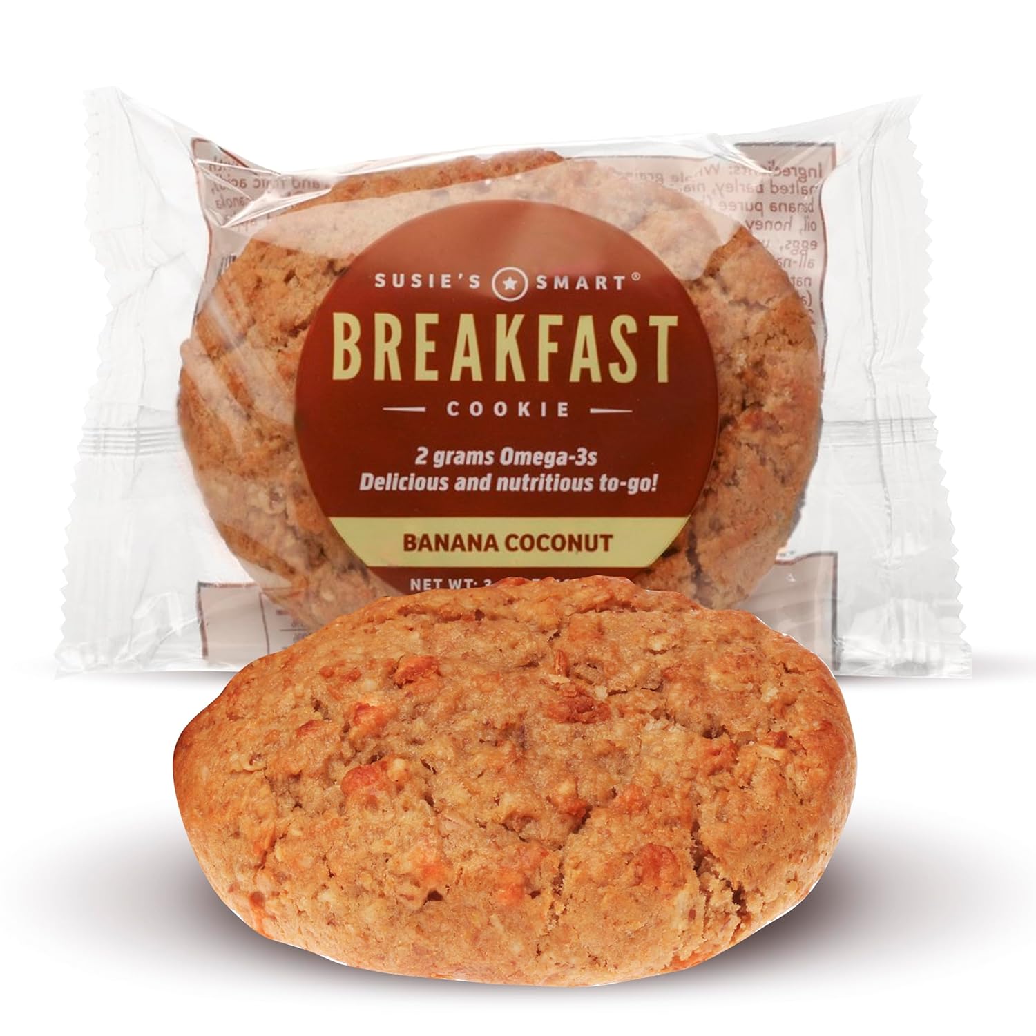 Susie's Smart Breakfast Cookie Healthy Omega-3s and Protein rich Soft Chewy Home-baked Cookie, Coconut/Banana, 3.57 Ounce (Pack of 18), 64.26 Ounce