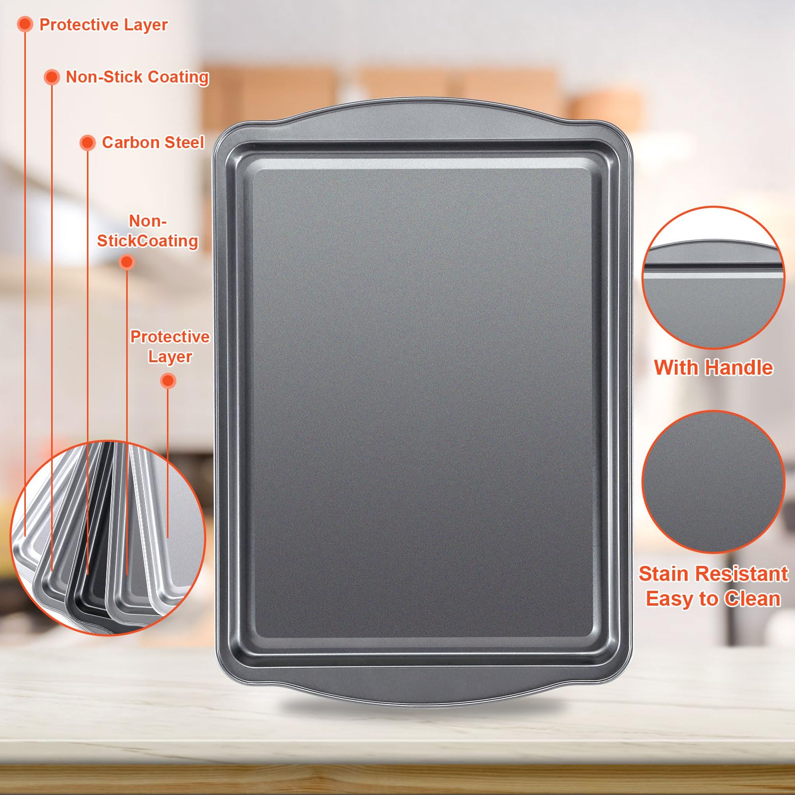 BEWOS Bandeja de horno de acero al carbono de 2 piezas con asa, 43,5 x 30 x 2 cm, bandejas de horno antiadherentes, bandejas grandes para horno, aptas para lavavajillas y fáciles de limpiar, juego de