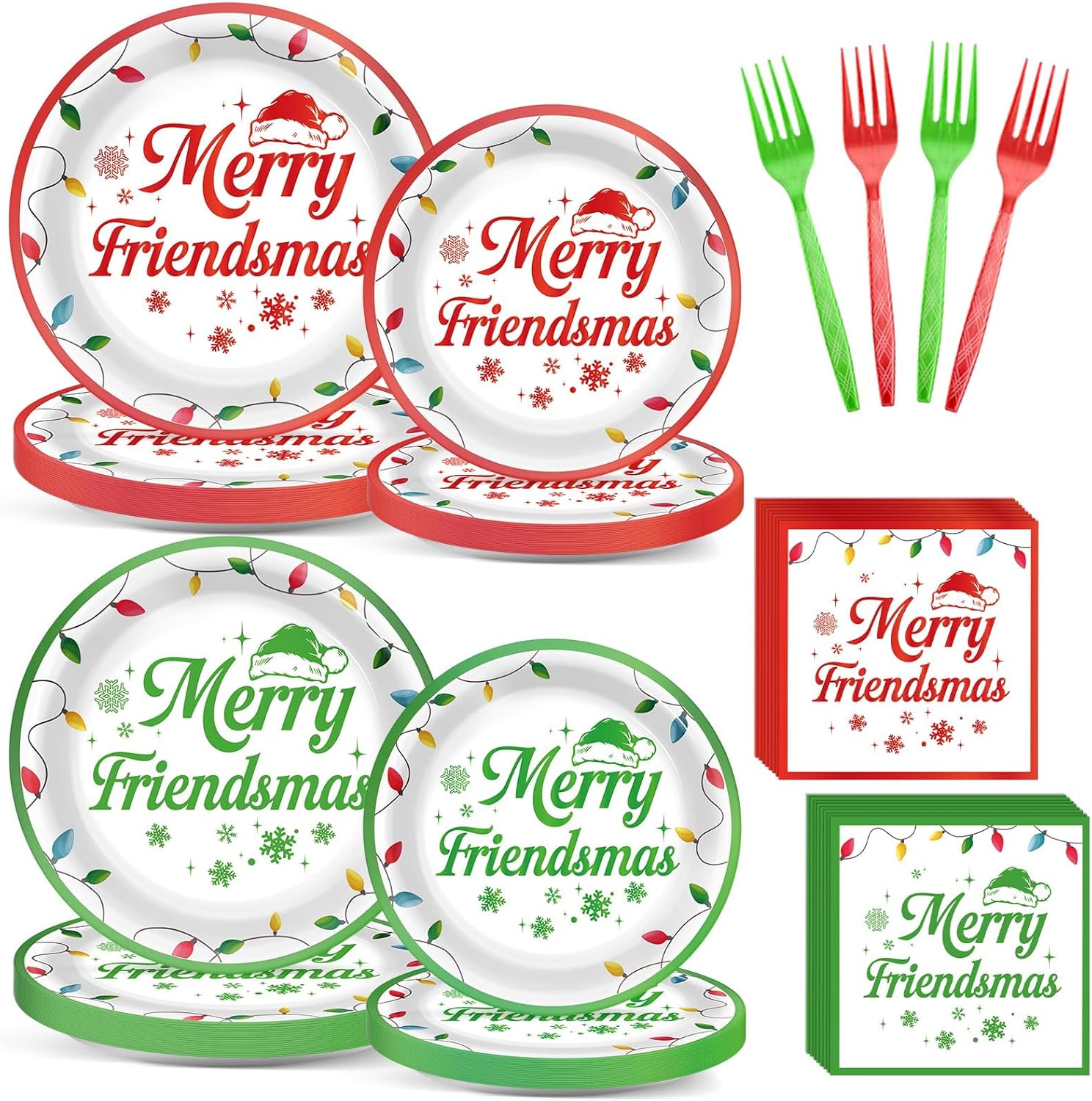 96 Pcs Merry Friendsmas Christmas Party Decorations Friends Theme Tableware Set Red Green Xmas Party Plates and Napkins Merry Christmas Birthday Theme Disposable Paper Plates for Holiday Table Decors