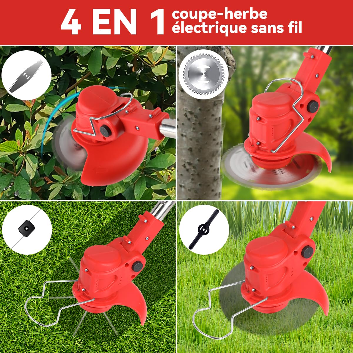 Débroussailleuse à Electrique sans Fil 21V,Coupe Bordure sans Fil avec 2 Batterie 4.0Ah,Debrouissalleuses Batterie avec 4 Types Lames Efficace/Roues pour Tondre Les Pelouses du Jardin Pelouse Ferme