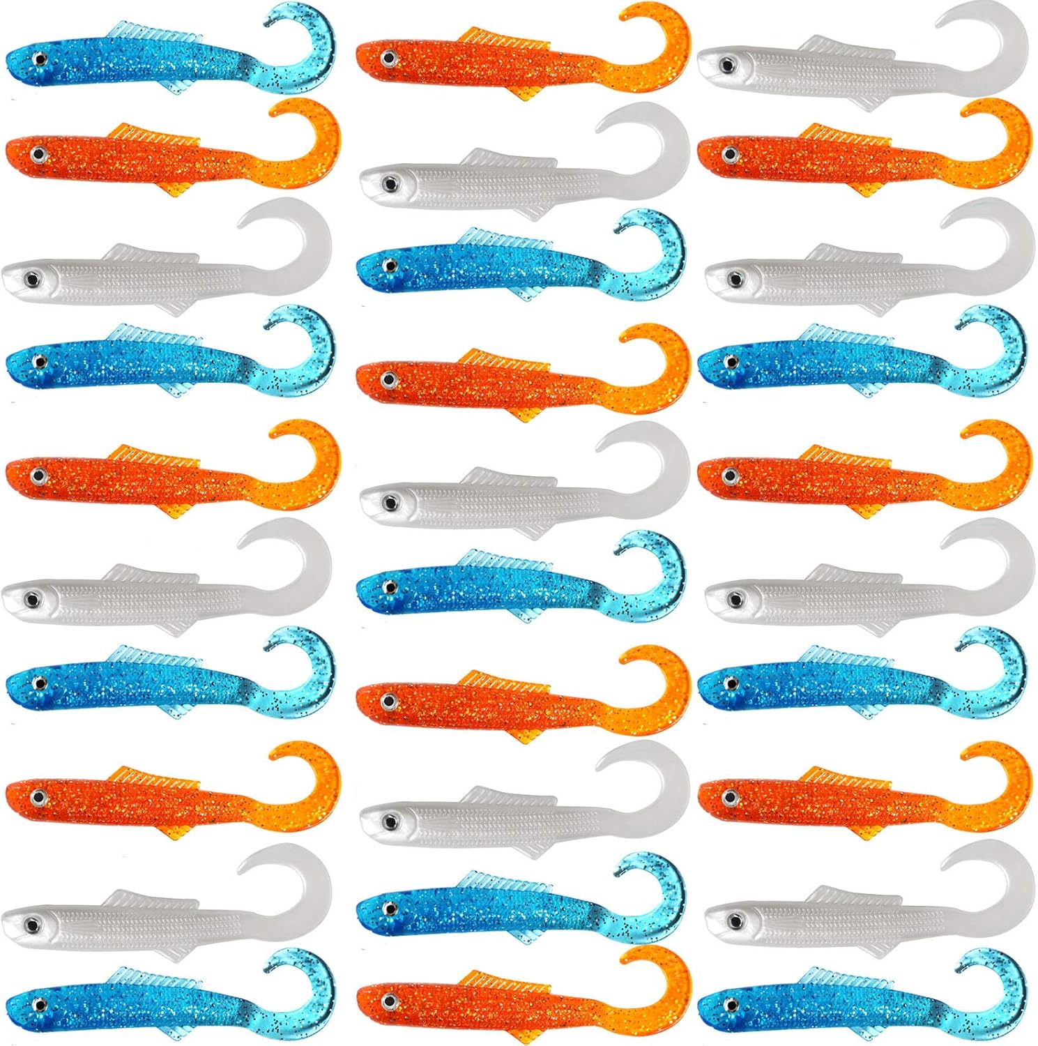 30pcs Fish WOW!® 4" Blam Swimbaits Minnows Fat bass Squid 5 in (w/The Tail Extended) Curly Tail Minnow blams Fishing Soft Lure - 3 Colors