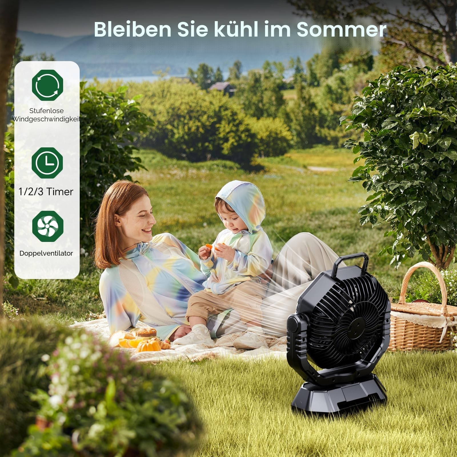 AJVV Camping Ventilator 20000mAh Akku Ventilator mit Fernbedienung LED Licht 270° Drehung Tischventilator
