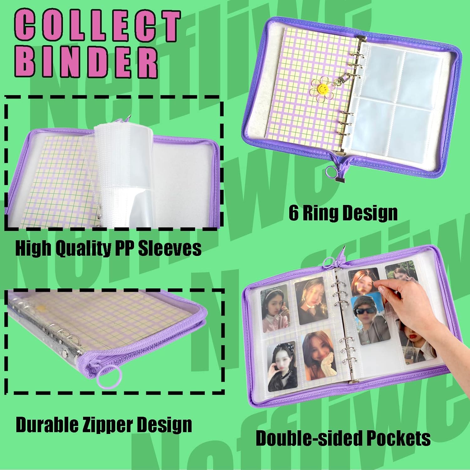 4-Pocket K-pop Photocard Holder Book with 30Pcs Inner Pages 6 Ring A5 Photocard Binder Card Collect Book Hold Up to 240 Cards (Purple)
