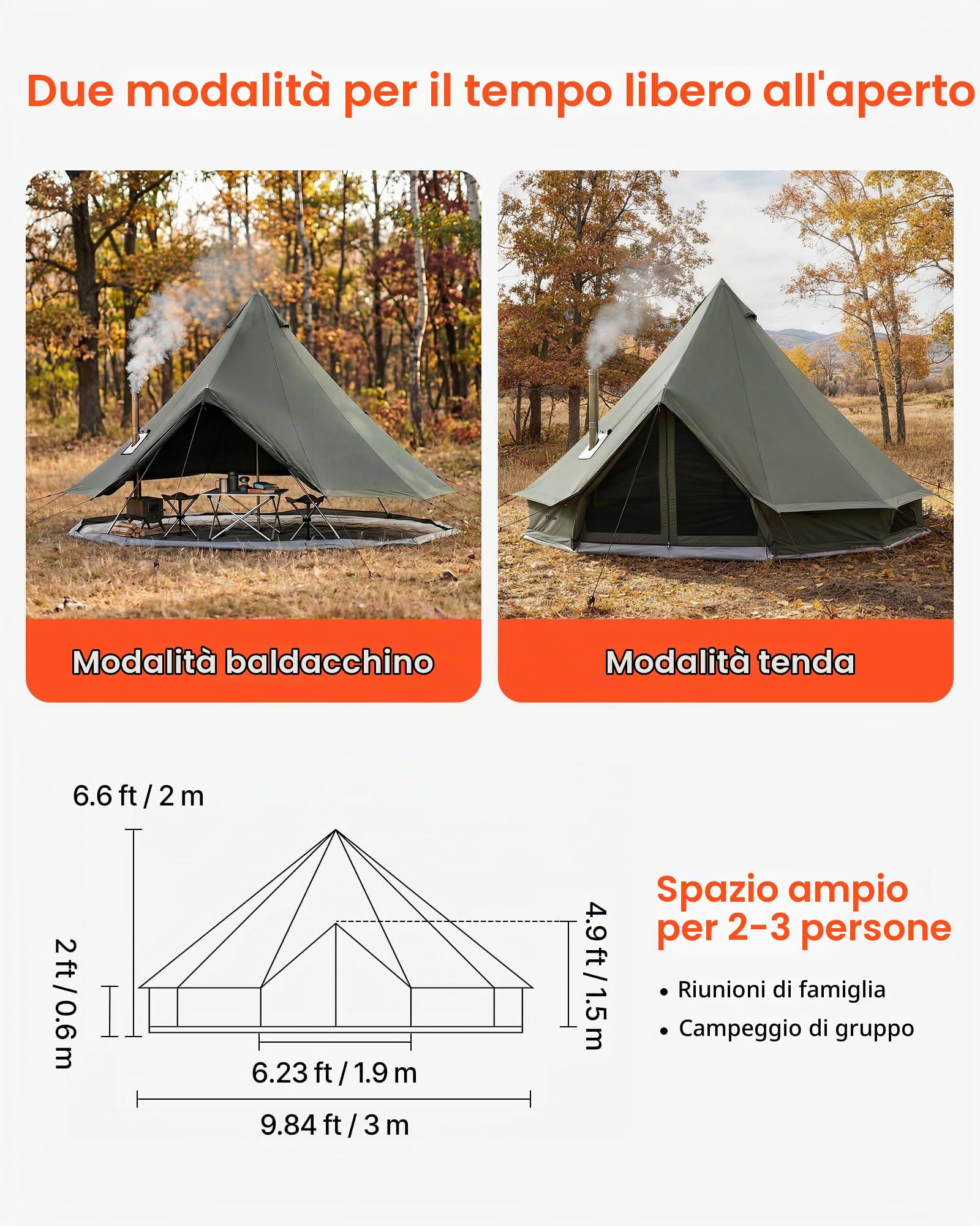 VEVOR Tenda a Campana in Tela per 4 Stagioni, Tenda Yurta 3 m per Campeggio con Presa per Stufa, Tela Traspirante, Max 3 Persone, con Pavimento Staccabile e Cerniera, per Campeggio Famiglia Glamping