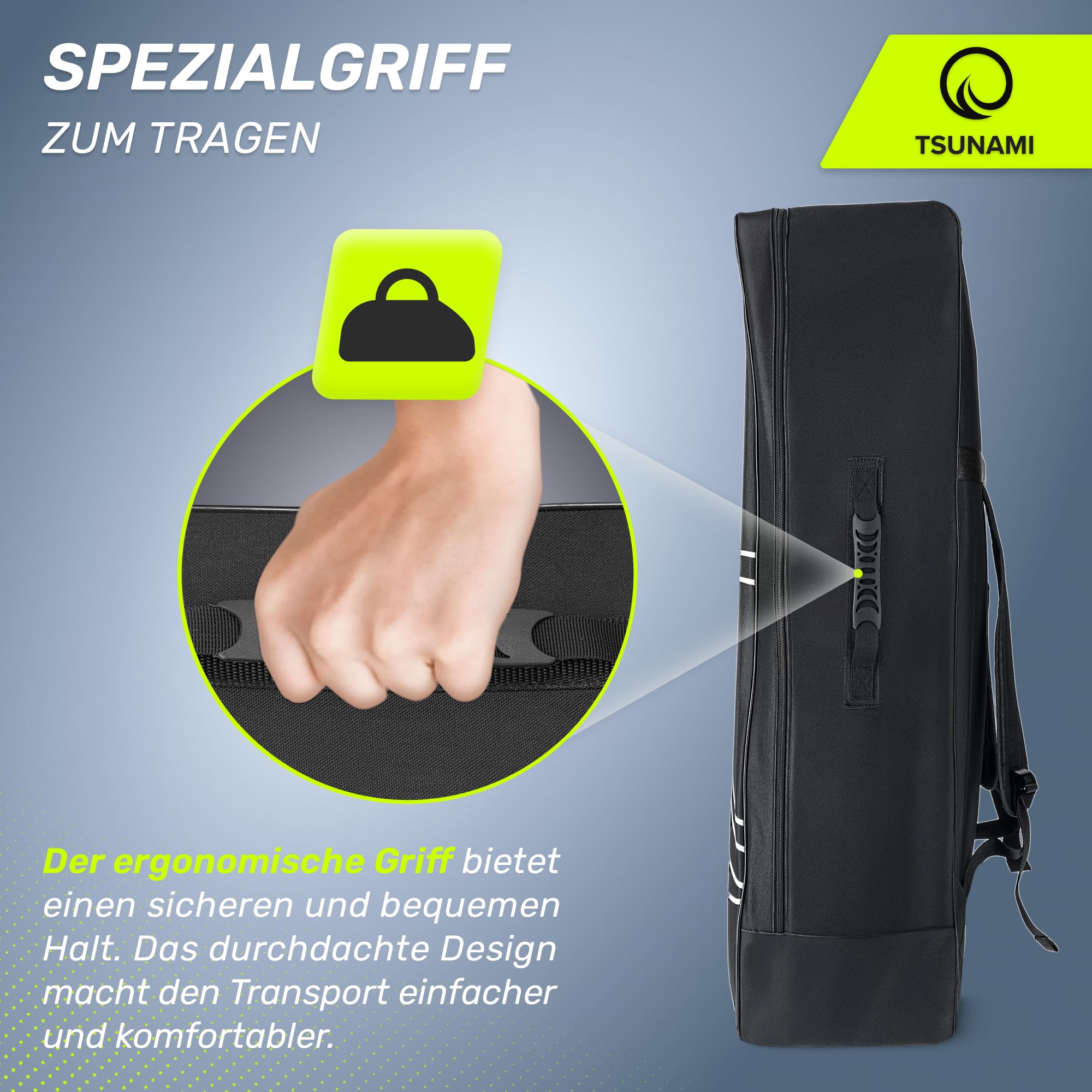 TSUNAMI Stand Up Paddling Board Rucksack, Große Kapazität Tragbare, SUP-Board Zubehör, Zwei Getränketaschen, Schnell trocknendes Material Nylon, Strumpfhalter mit Netz, 50x25x90 cm, Schwarz