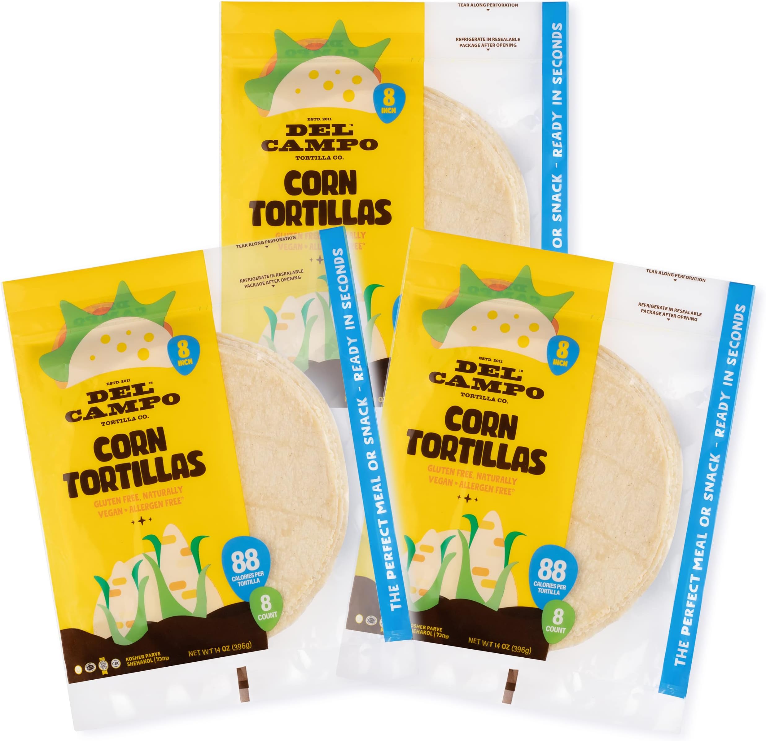 Del Campo Soft Corn Tortillas – 8 Inch Round. 100% Delicious, Gluten Free and All-Corn Authentic Mexican Food. Many Serving Options: Wraps, Tacos, Quesadillas or Burritos, Kosher. (8ct.) (Pack of 3