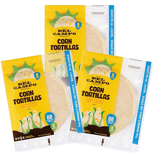 Del Campo Tortillas de Maíz Suave  8 Pulgadas Redondas. 100% Natural, Sin Gluten y Auténtica Comida Mexicana de Maíz. Muchas opciones de porción