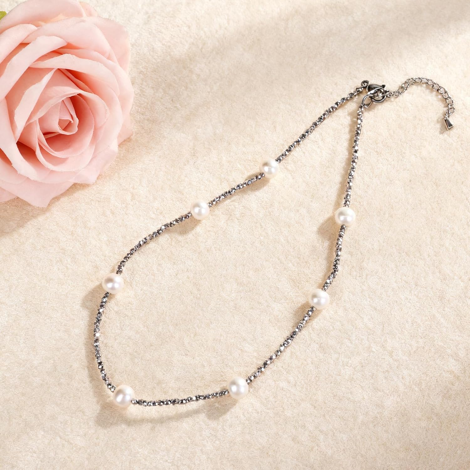 Genuin Real Freshwater Pearl Necklace,Black Peacock Pearl Choker Necklaces for Women,Hematite Gold/Silver Beaded Simple Pearl Necklace,Dainty Adjustable Pearl Jewelry Mother's Valentine Day Gifts - Image 4