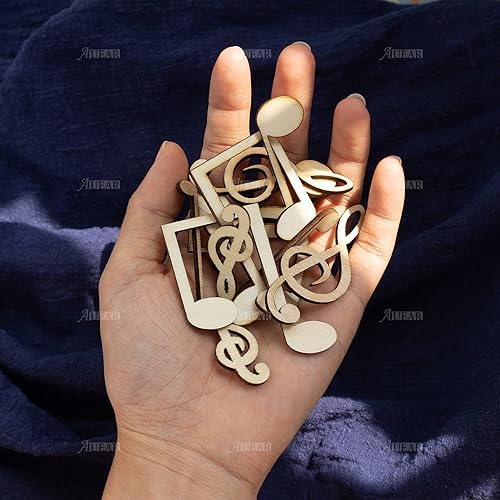 Miniatura 7 de AUEAR, Paquete de 60 notas musicales con recortes de madera, mini notas musicales, adornos de madera, rebanadas sin terminar para manualidades,