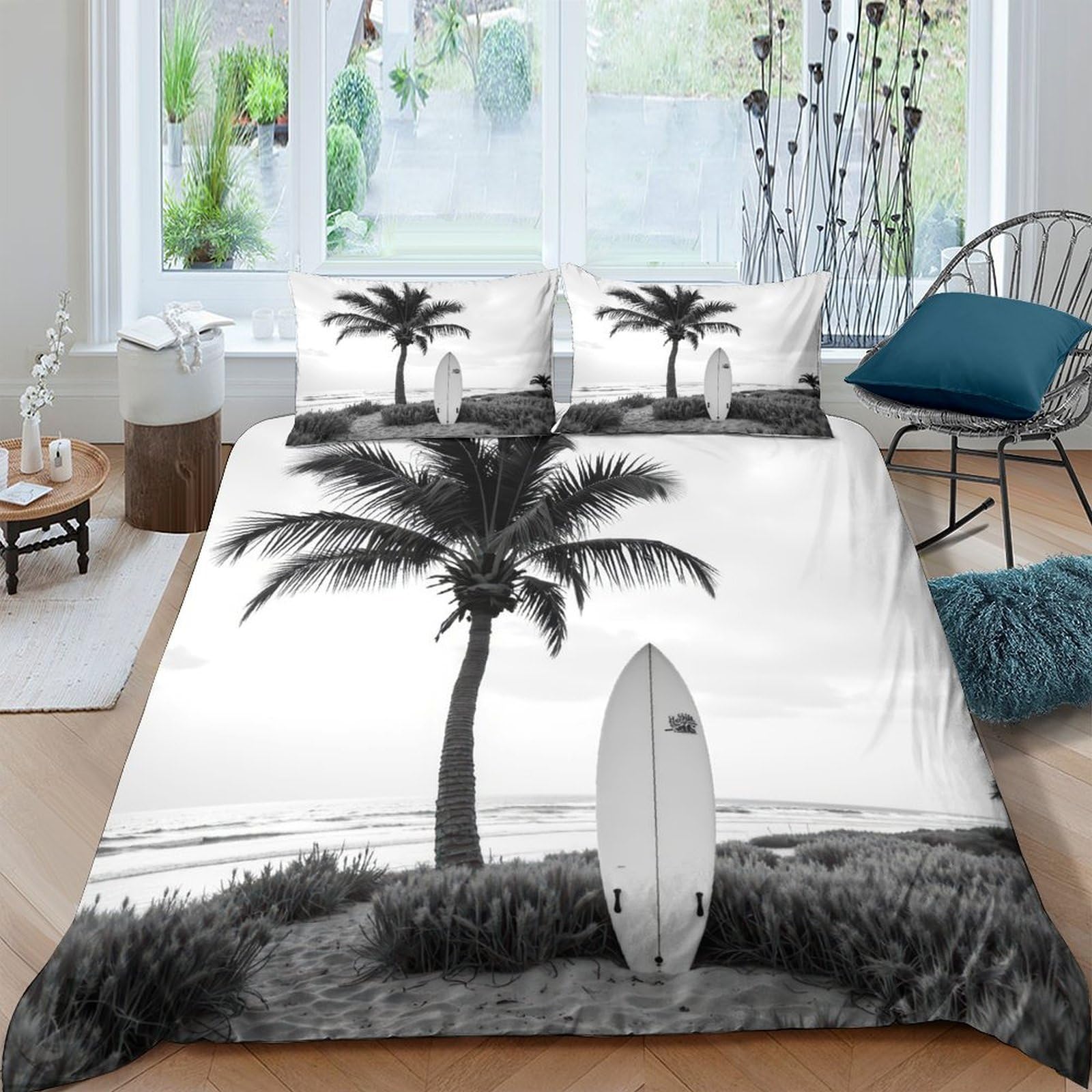 Ctjqhvkz Style-2 3D Printed Black White Palm Beach Fitted Sheet Microfiber Soft Breathable Surfboard Mattress Cover For Bedroom Guest Room Decor Single（135X200cm）