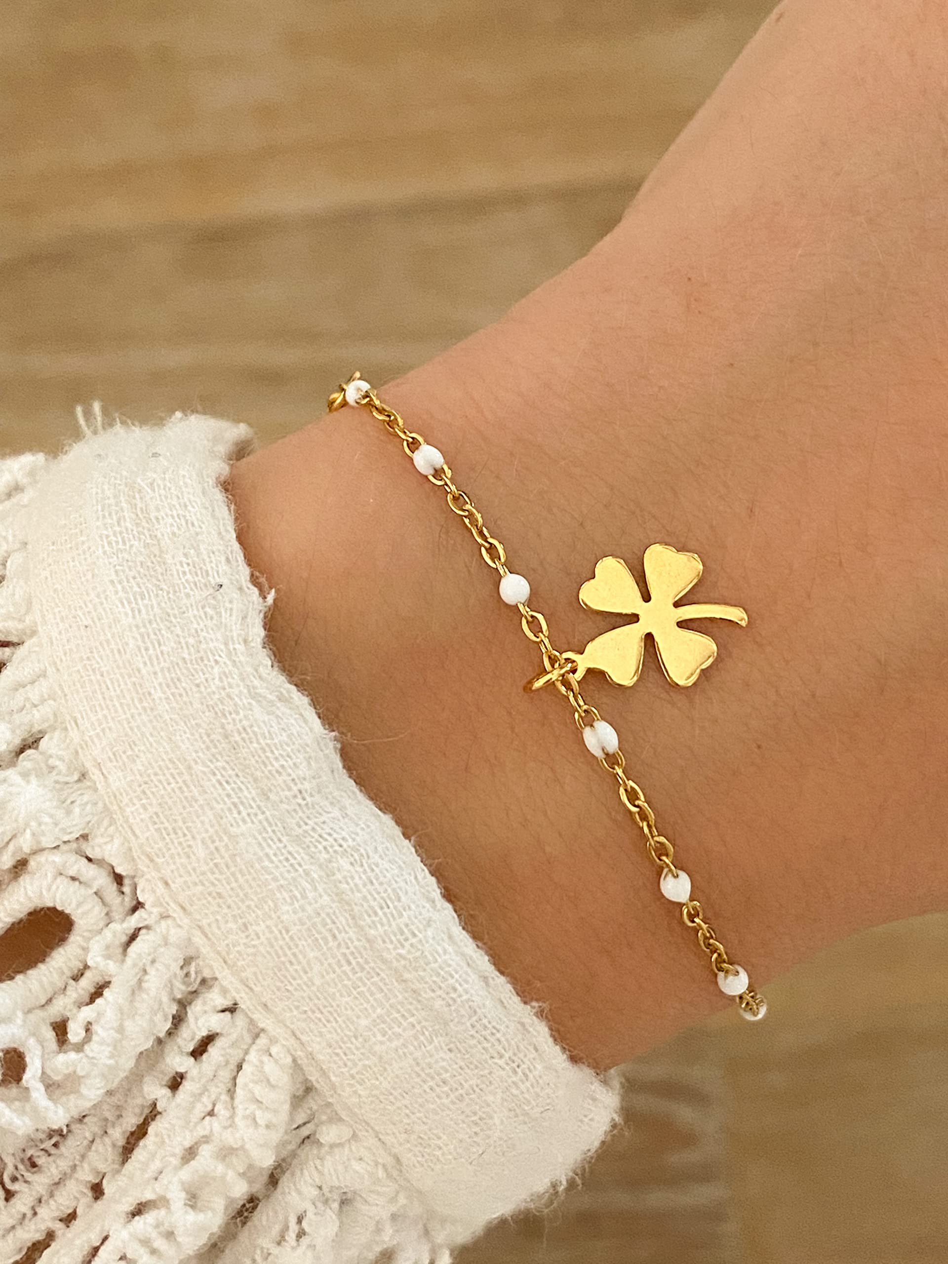 Bracelet Femme Trèfle Porte Bonheur Chaîne en Acier Inoxydable Doré Or Artisanal Fait Main Trèfle à 4 Feuilles Perles Idée Cadeau Anniversaire Noël Saint Valentin Fête Mères Hypoallergénique