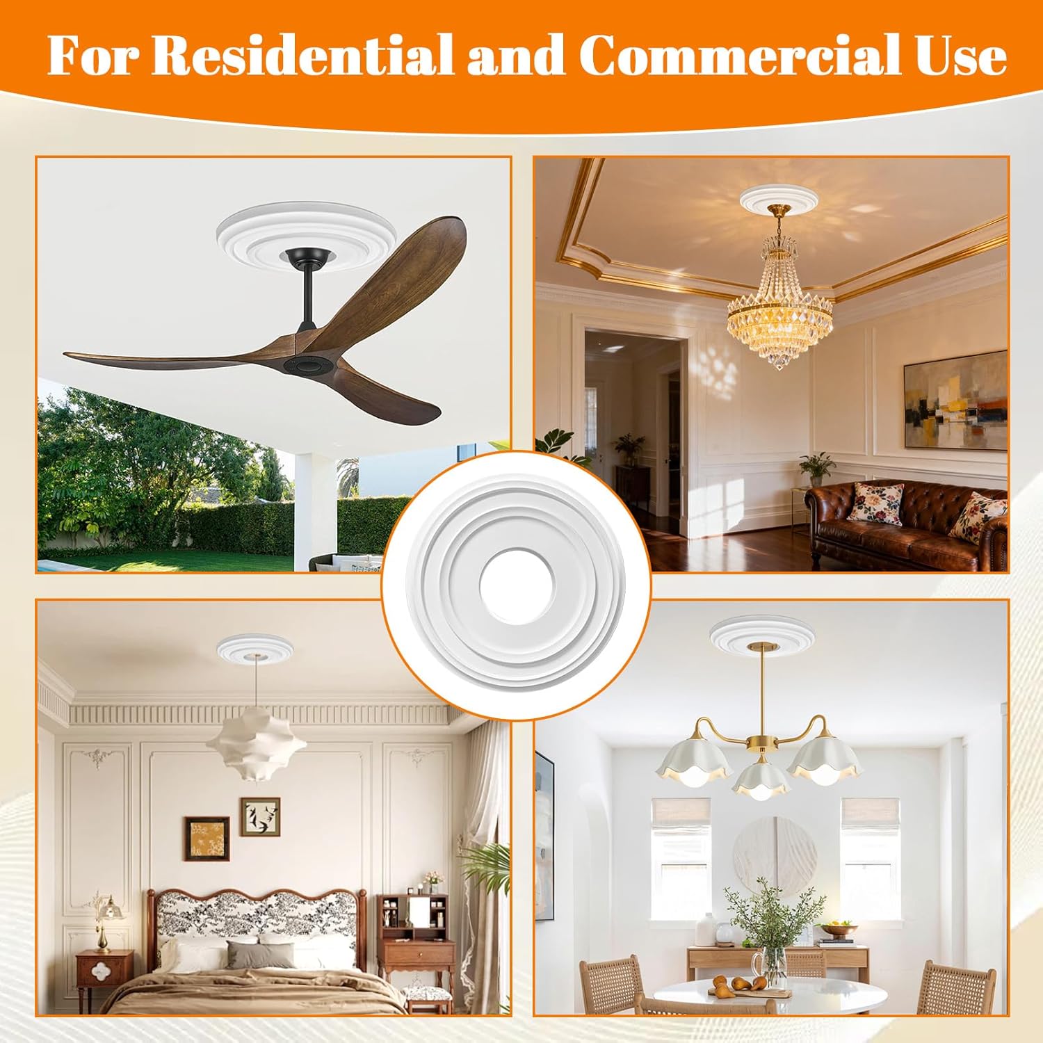 2 Pack Ceiling Medallion for Light Fixtures and Ceiling Fans, 12" OD x 4" ID x 1"P Molded PU Decorative Ceiling Medallions Plate (White)