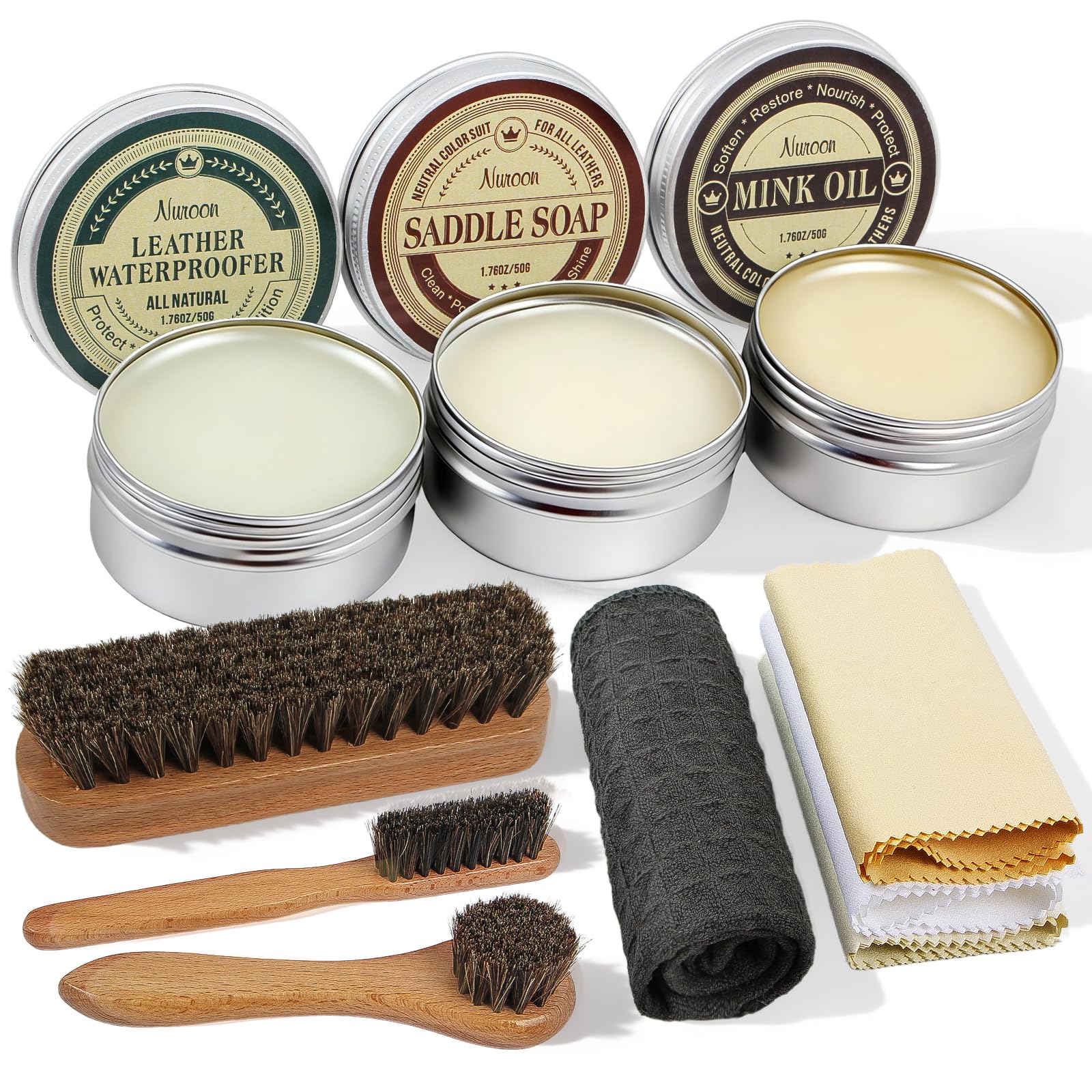 10Pcs Leather Care Kit- 3Pcs Horsehair Brushes 1 76oz Saddle Soap 1 76oz Mink Oil and Wax Waterproofer