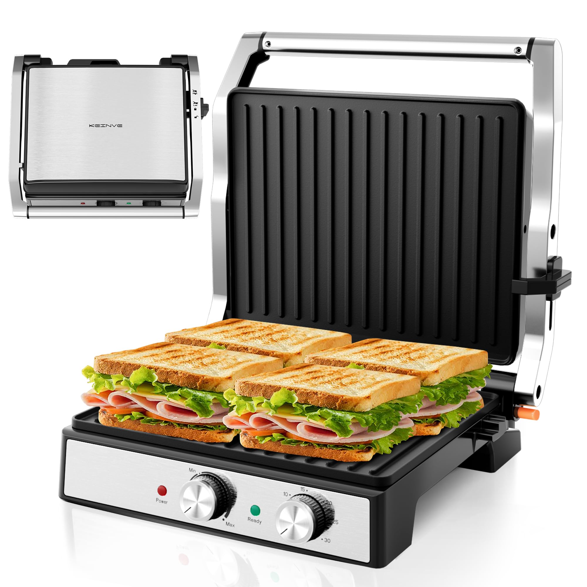 1600W Panini Press, Sandwich Maker with Temp & Time Setting, 4 Slice Large Non-stick Versatile Grill Press, Opens 180 Degrees to Fit Any Type or Size of Food