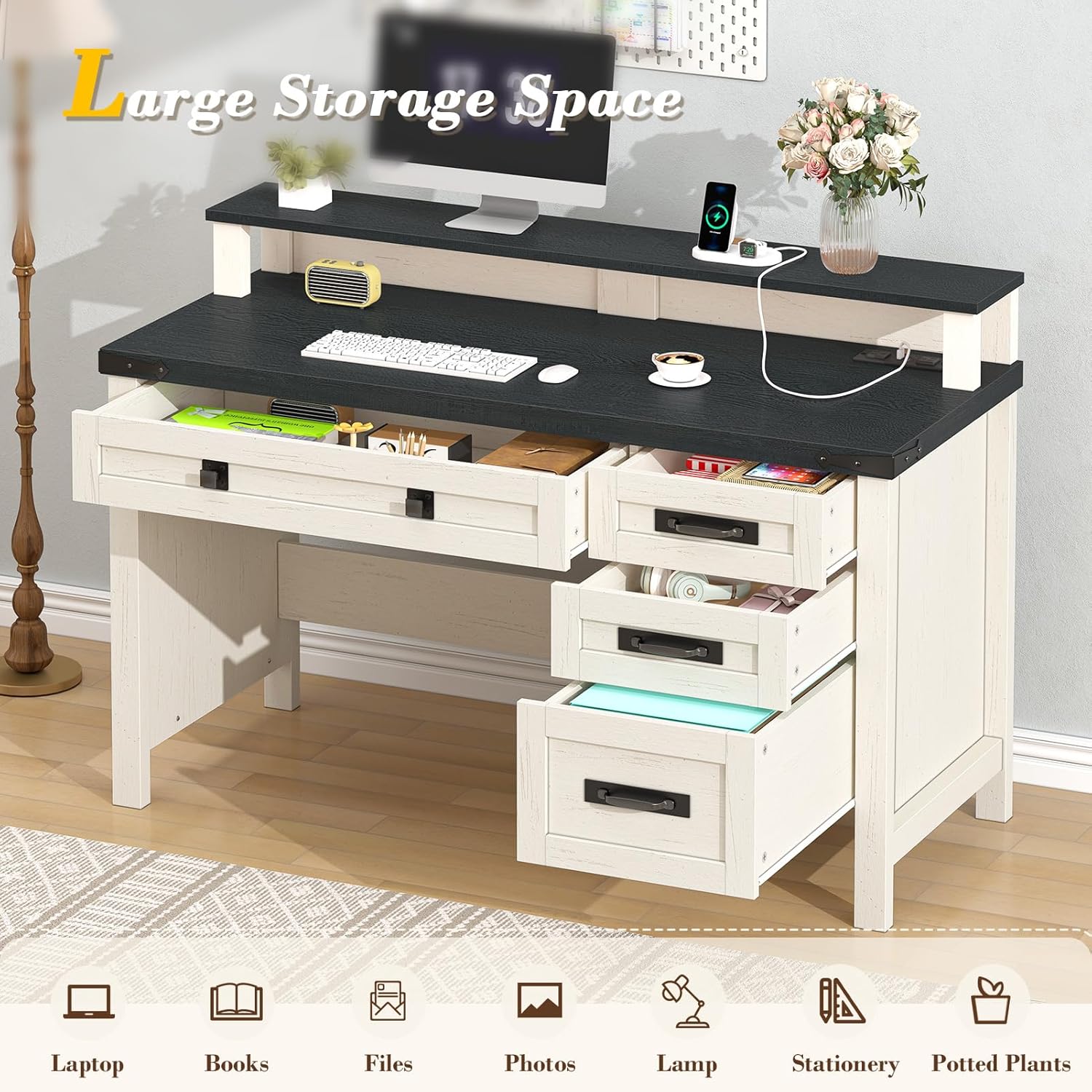 Farmhouse Computer Desk with Drawers, 47" Small Computer Desk with Power Outlets, Home Office Desk with Monitor Stand & 4 Drawers, Writing Study Table, Black & White