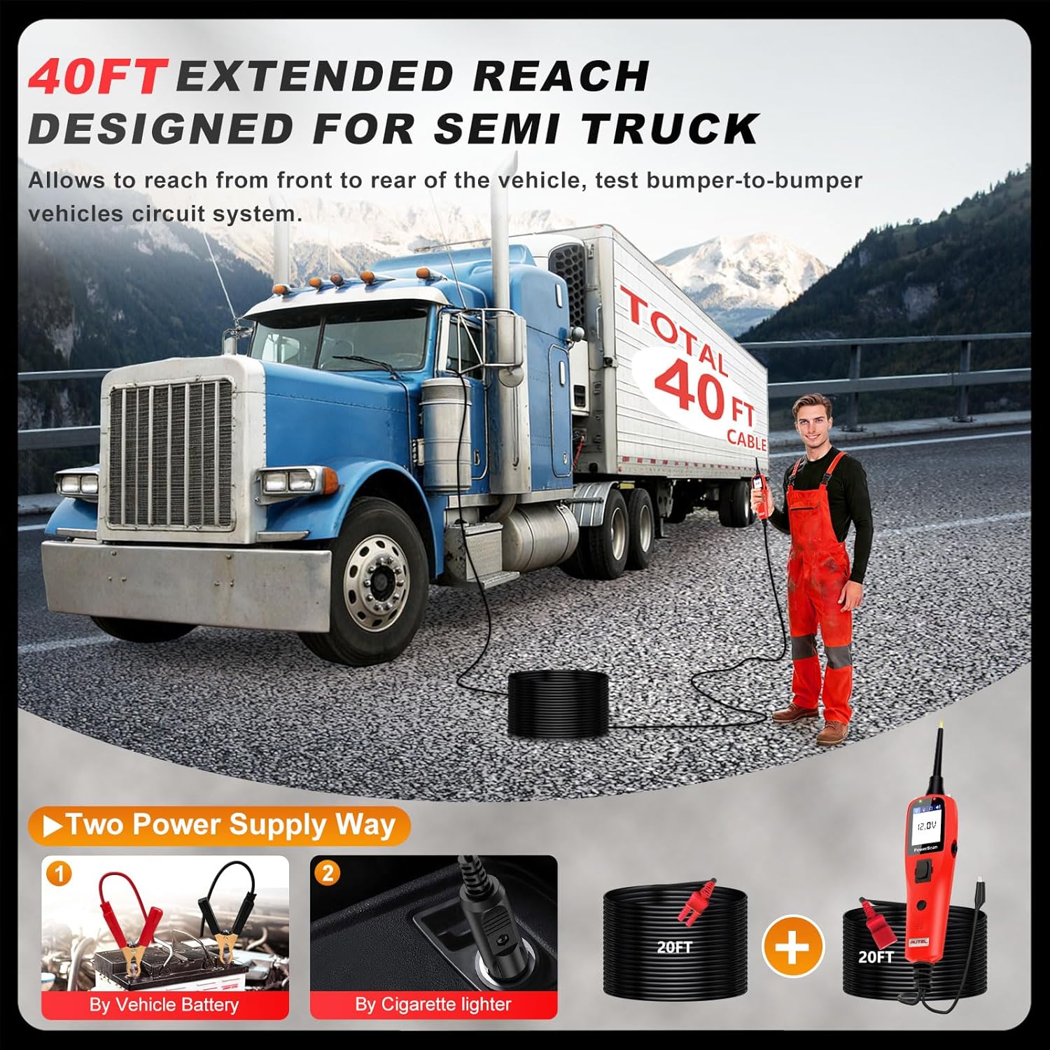 Autel PowerScan PS100 Car Circuit Tester, Universal 12V 24V Automotive Power Circuit Probe Kit with 40FT Cable, AC/DC/Continuity/Probe/Signal Test, Activate Component Electrical System Tool