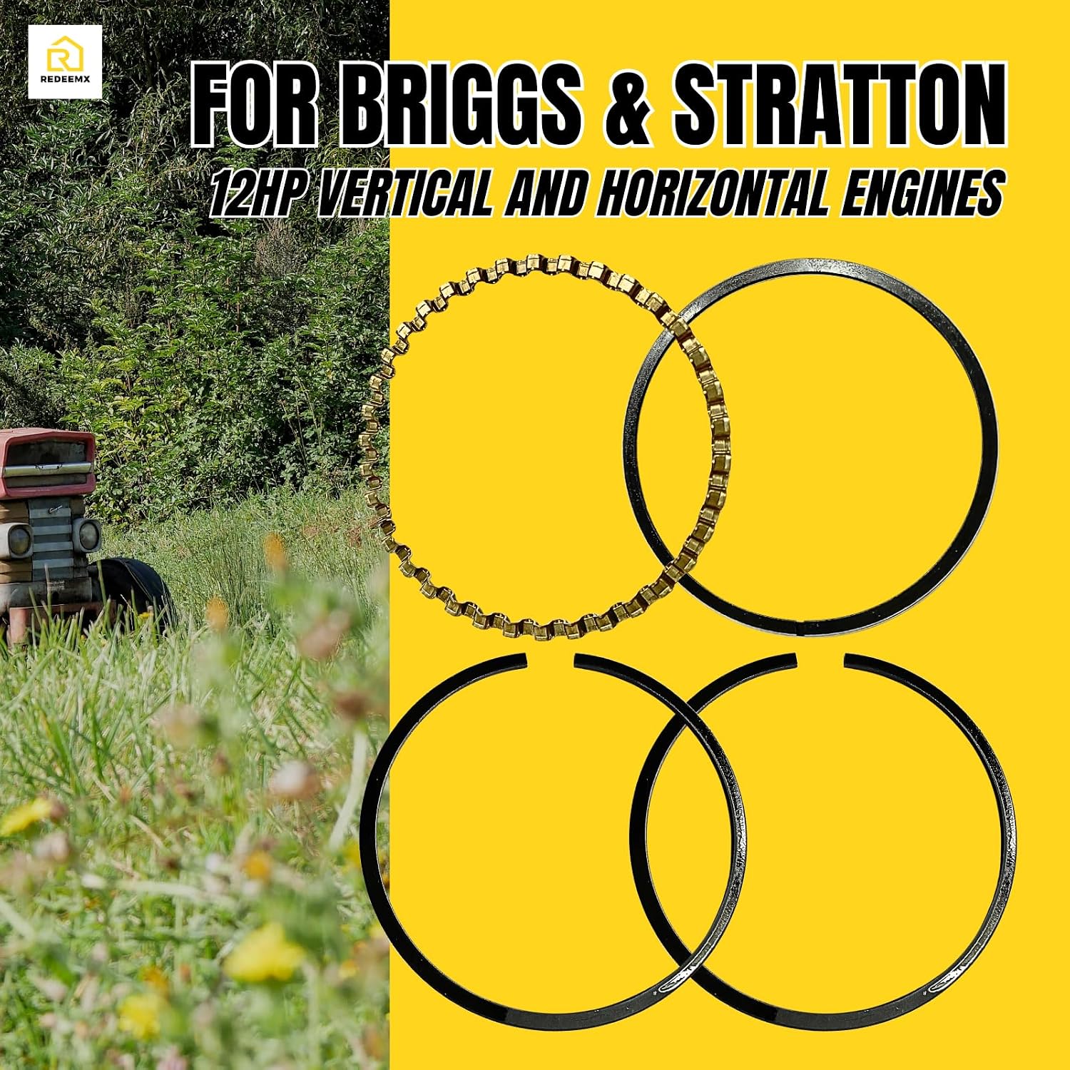 Piston Ring Set Compatible with Briggs & Stratton 12HP Vertical and Horizontal Engines, Replaces 393277 391780