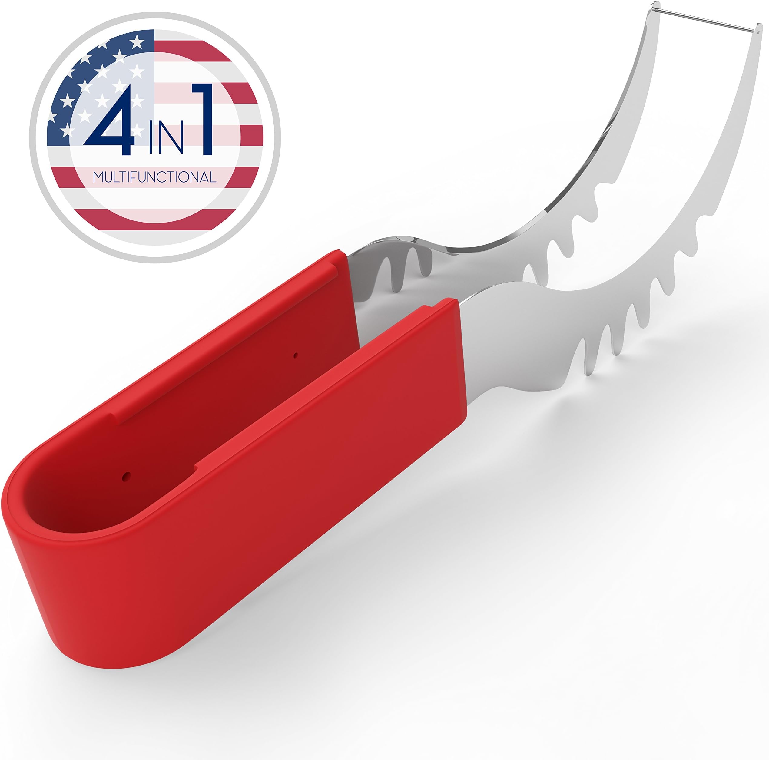 Watermelon Slicer By Meloslice - High Quality Stainless Steel Tong With Silicone Handle - Bonus E-Book- Multipurpose Cutter Corer Server Knife - Works Perfectly With Melons Or More Fruits / Vegetables
