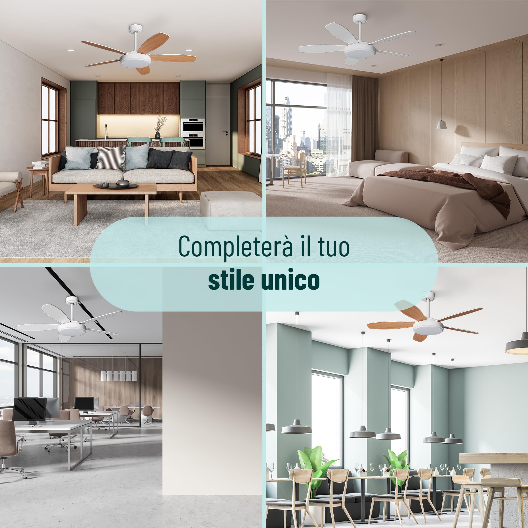 Noaton® Maia Ventilatore da soffitto con illuminazione, bianco/acero, diametro 132 cm, motore DC 41 W, LED 24 W, telecomando, portata d'aria fino a 198 m3/min, asta di prolunga 15/25 cm