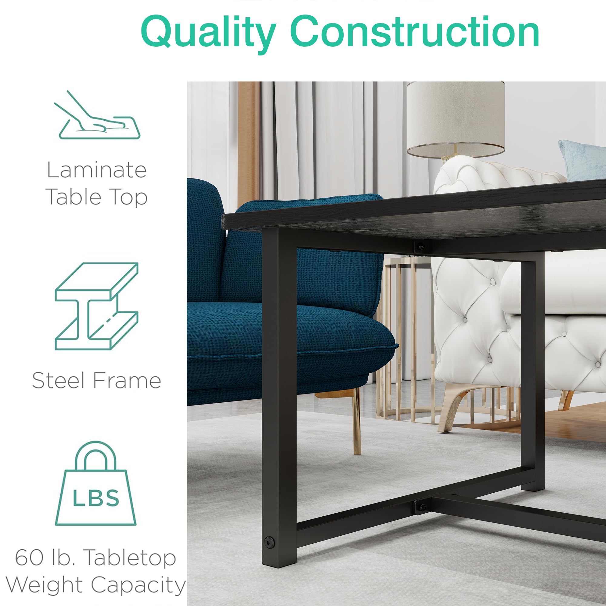 Mesa auxiliar rectangular negra para sala de estar, mesa auxiliar de espacio abierto con marco de metal, fácil montaje, mesa de centro de madera 3