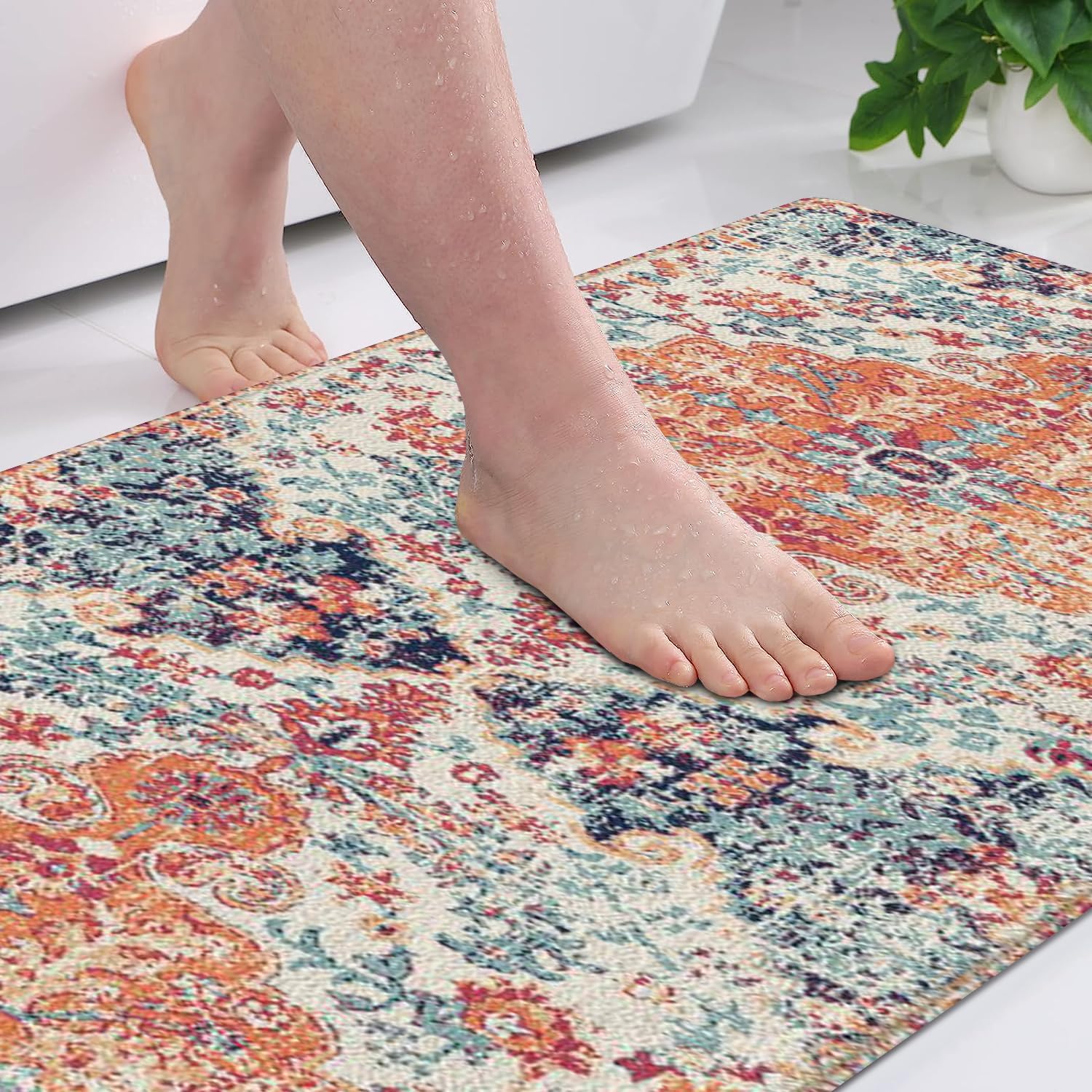 Faptoena Bathroom Rug Boho Vintage Bath Mat Non-Slip Water Absorbent Bath Rugs Soft Microfiber Floor Mats Entrance Mat for Bathtub Bedroom Bathroom Decor-Orange 17"x47"