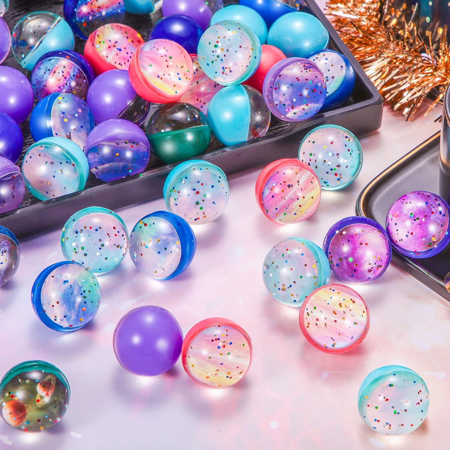 Chalyna 50 Pieces Galaxy Bouncy Balls Bulk Operation Christmas Items 32 mm Space Theme Bouncy Balls Rubber Bouncing Ball for Party Favors, Christmas Easter Gift Bag Filling, Birthday Party Supplies