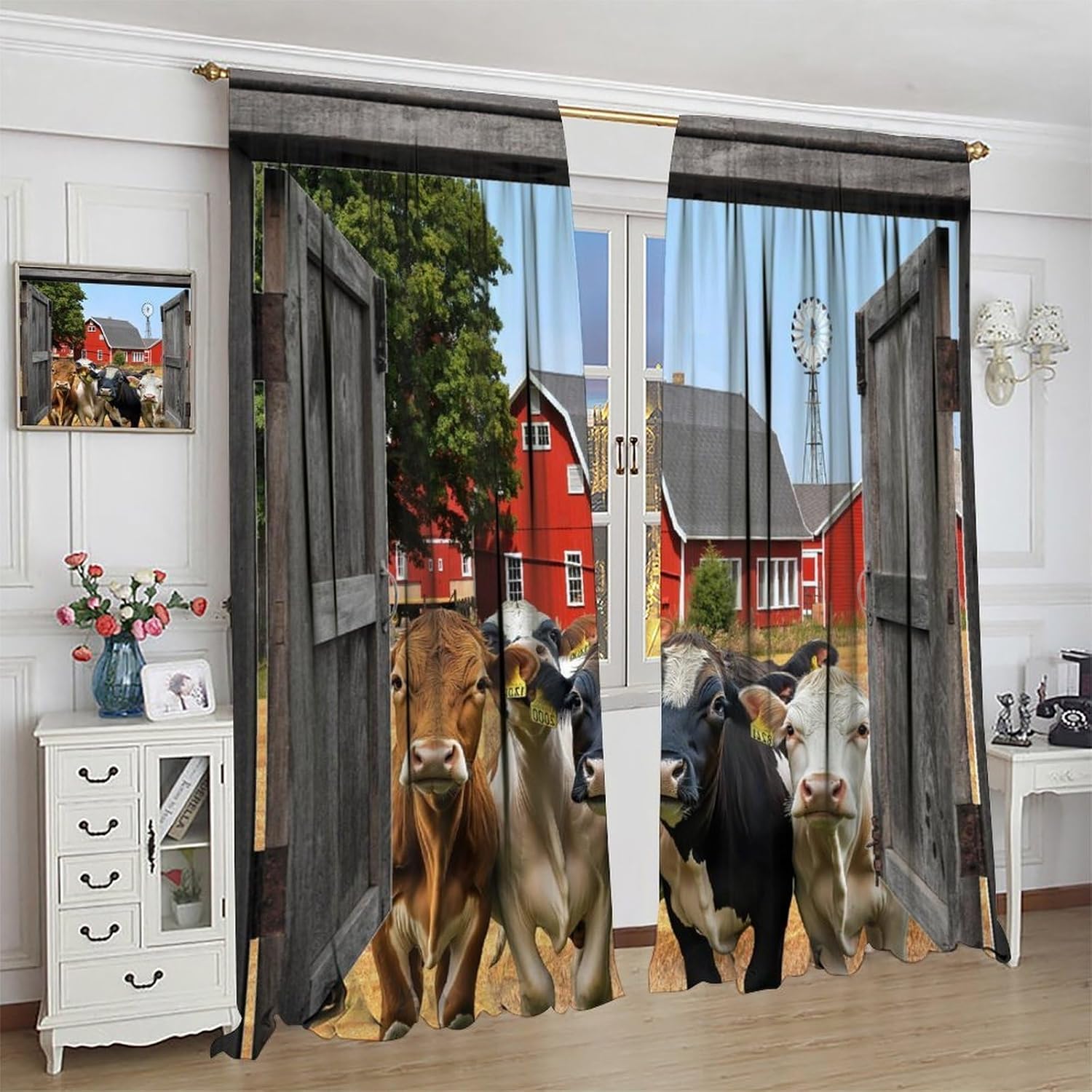 Farmhouse Rooster Kitchen Blackout Curtains,Vintage Rustic Wooden Barn Farm Windmill Animal Sunflower Pig Patterned Windows Treatments Rod Pocket Drapes For Farmhouse Living Room Bedroom 42x54in