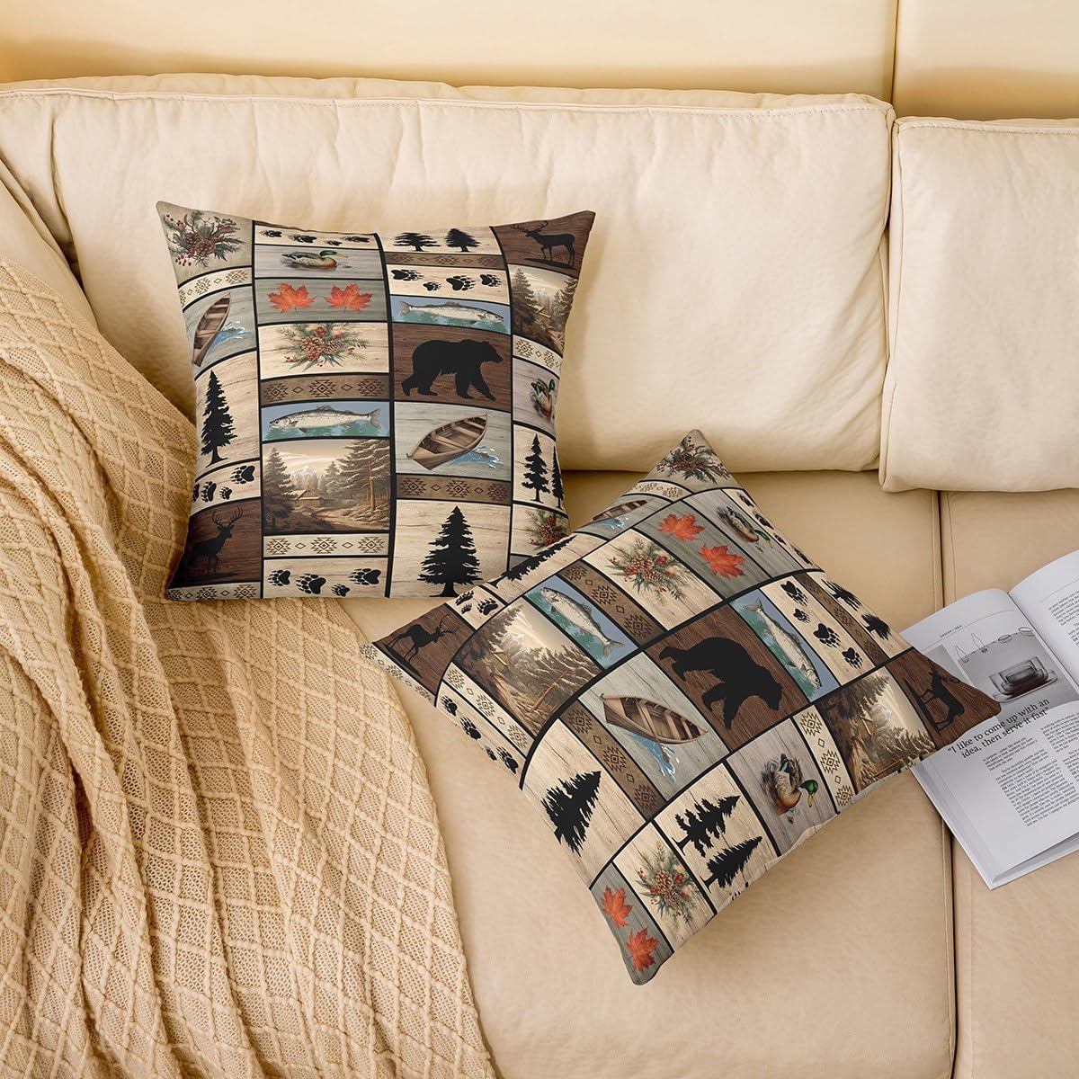 Fish Throw Pillow Covers 24"x24" Set of 2 Soft for Rustic Bear Decorative Throw Pillowcases Cabin Duck Printed Pillow Cases Cushion Covers Bedroom Cabin Country Wildlife Bear Plaid Cushion Cases