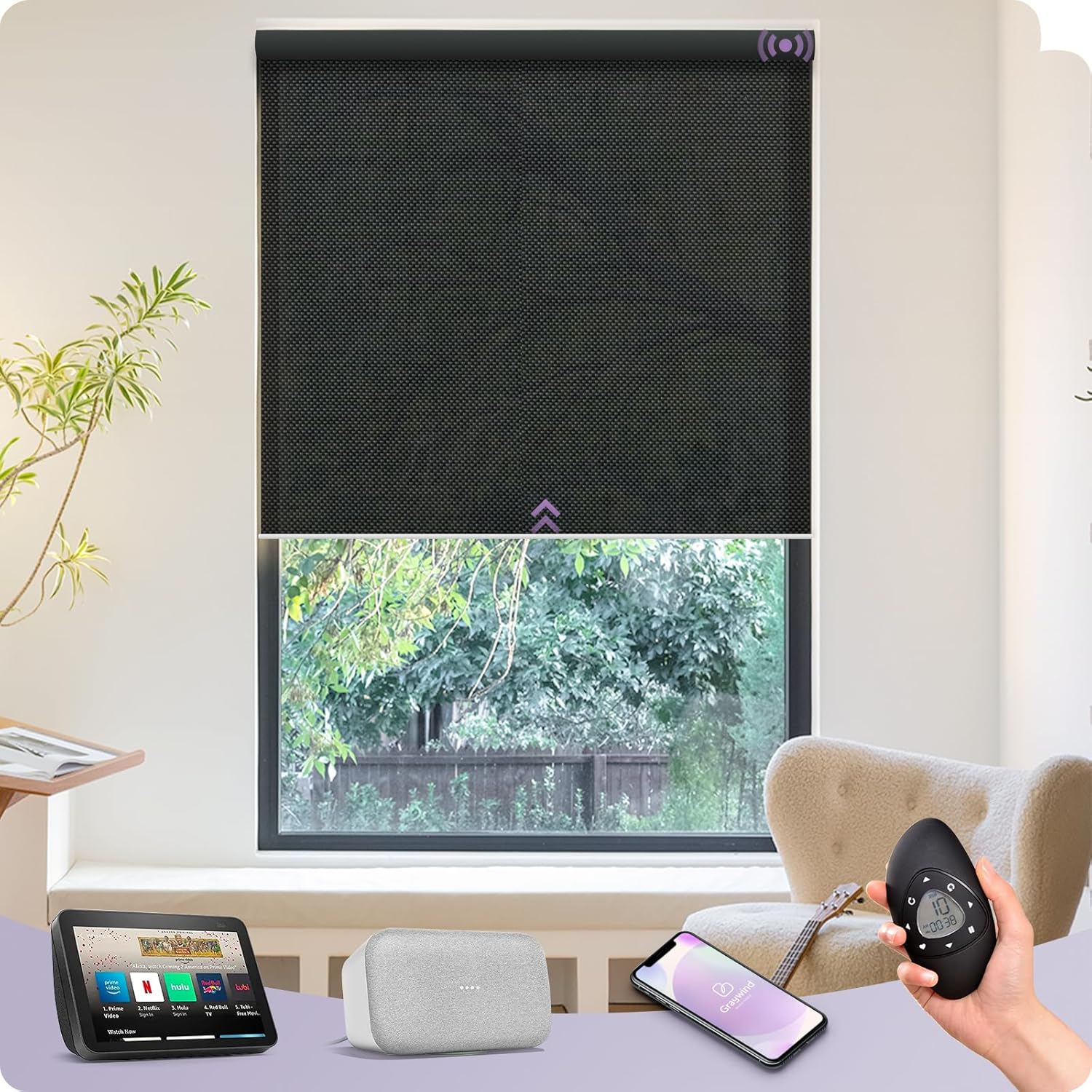 Graywind Motorized Solar Shades Light Filtering Mesh Shade Compatible with Alexa Google Remote Control Window Blinds with Valance for Smart Home Office Business, Custom Size (3% Openness Black Pearl)