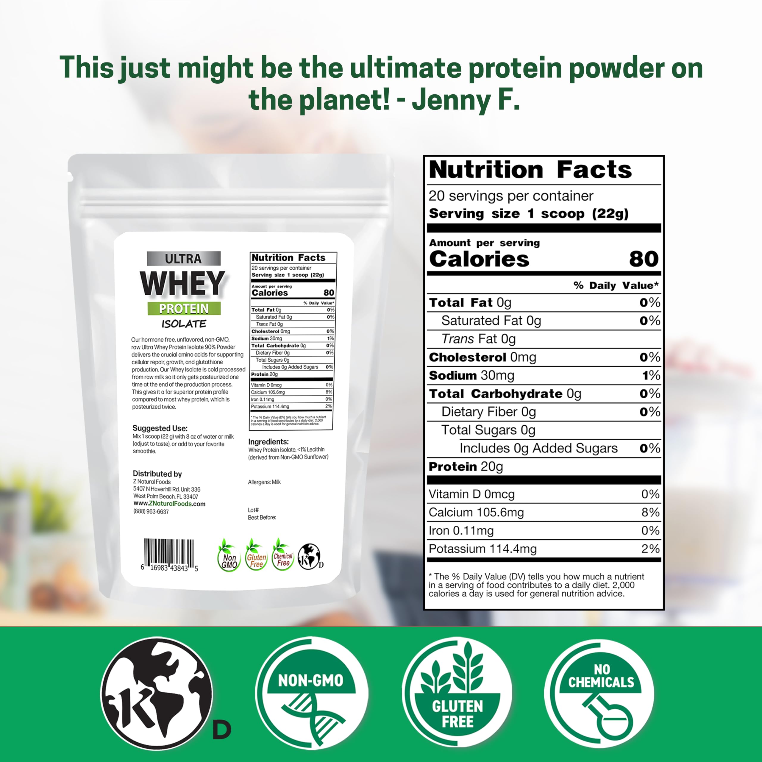 Z Natural Foods Ultra Whey Protein Isolate - Unflavored & Unsweetened, 1 lb — Amazon image 2