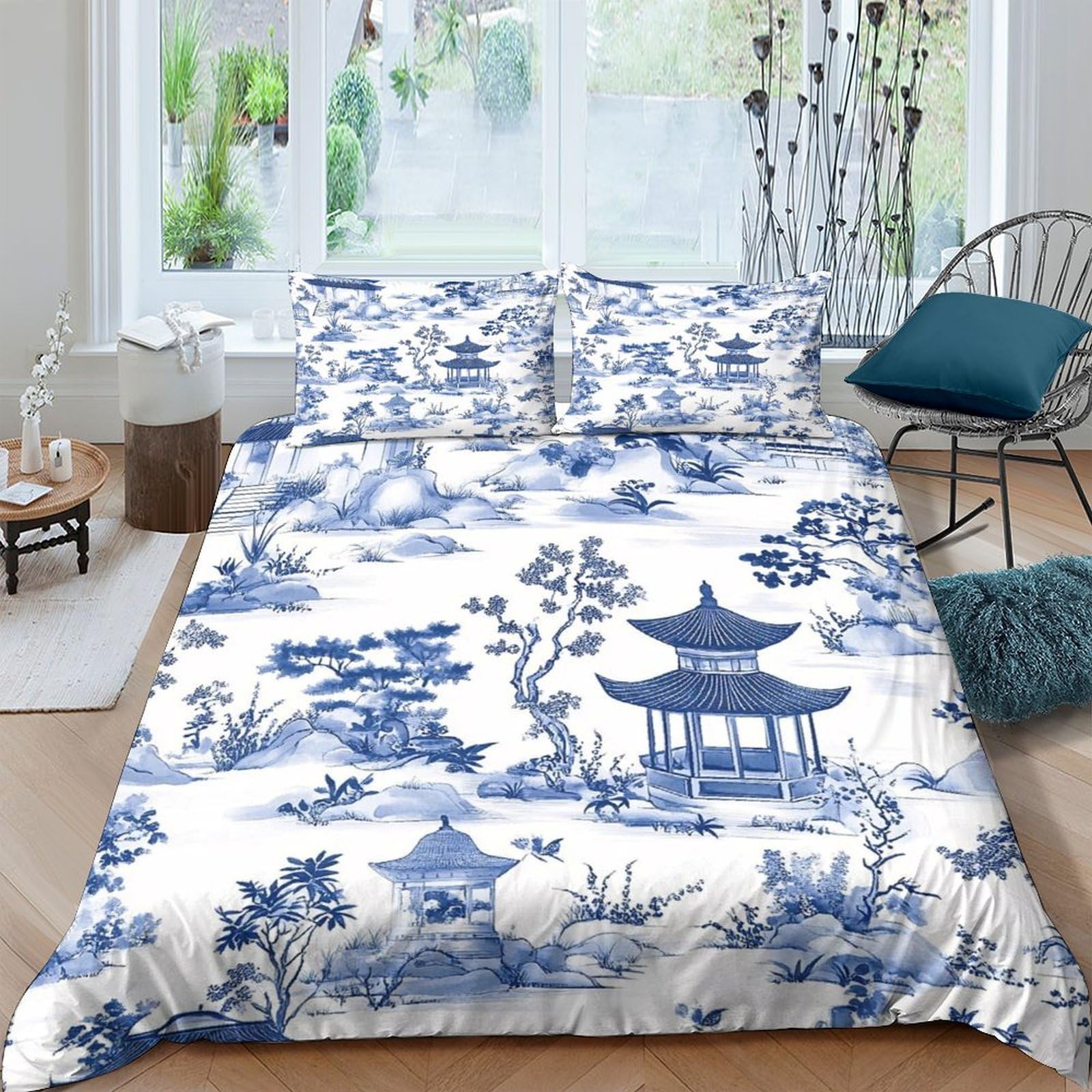 Ctjqhvkz Style-9 3D Printed Blue Chinese Pagoda Fitted Sheet Microfiber Soft Washable Landscape Mattress Cover For Bedroom Guest Room Decor Single（135X200cm）