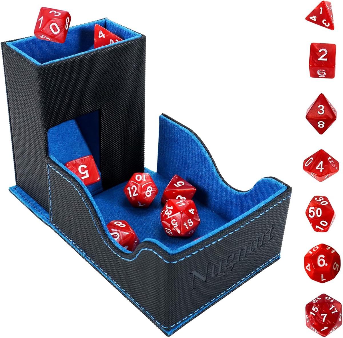 Dice Tower & DND Dice Tray, Foldable Portable Dice Rolling Tower with Tray and Storage, DND Dice Accessory for Dungeons and Dragons, PU Leather Dice Box with 7 Dice, Black/Blue