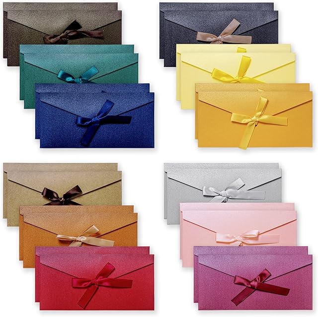 24pcs Colourful Envelopes, Vintage Kraft Paper Envelopes with Colored Ribbons for Handmade Invitations, Wedding or Festival Cards (12 Colour)