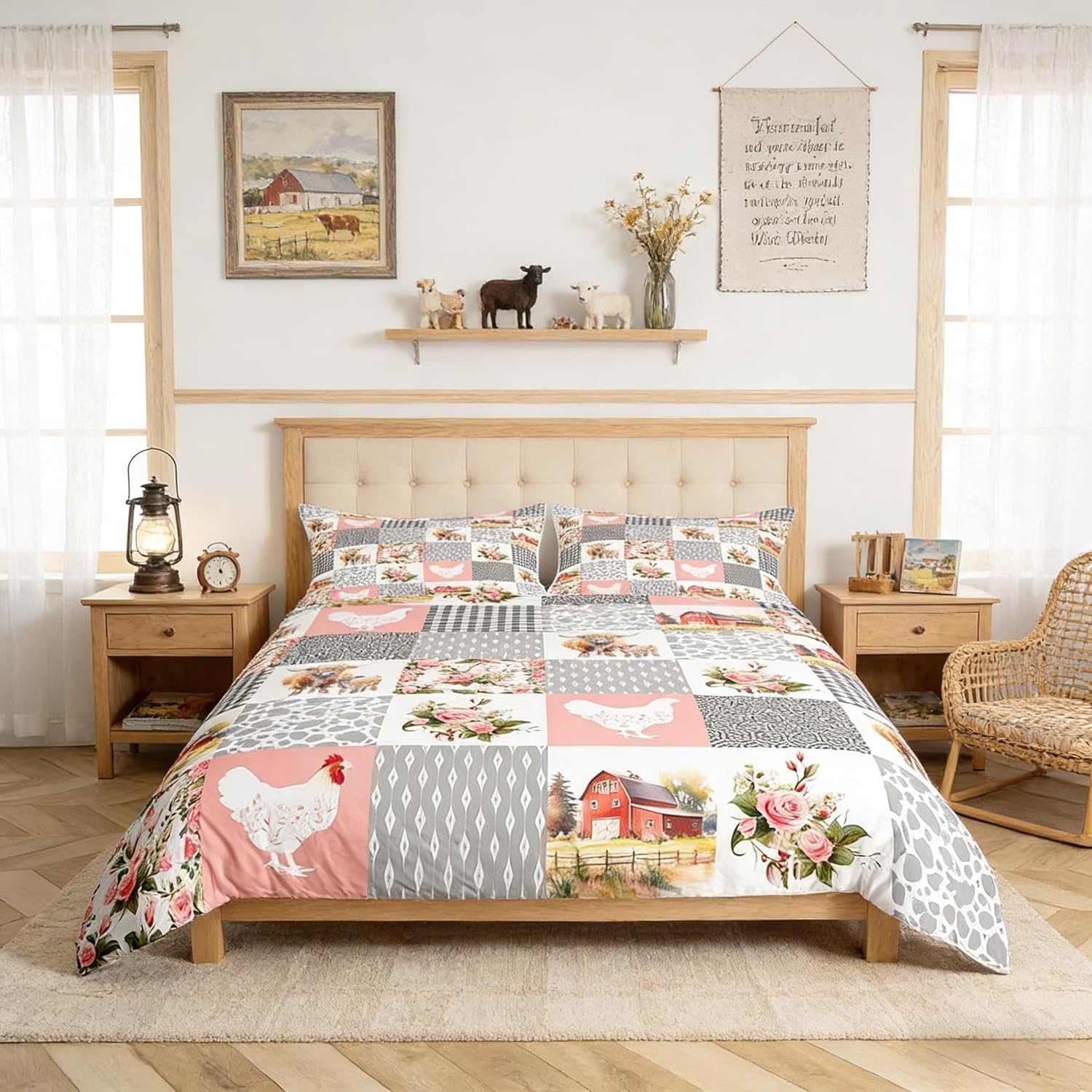 Farmhouse Barn Bedding Set Queen Size,Chicken Highland Cow Flowers Grid Duvet Cover Set for Children Adult,Rustic Pink Patchwork Geometric Soft Comforter Cover for Dorm Room, Zipper, Ties