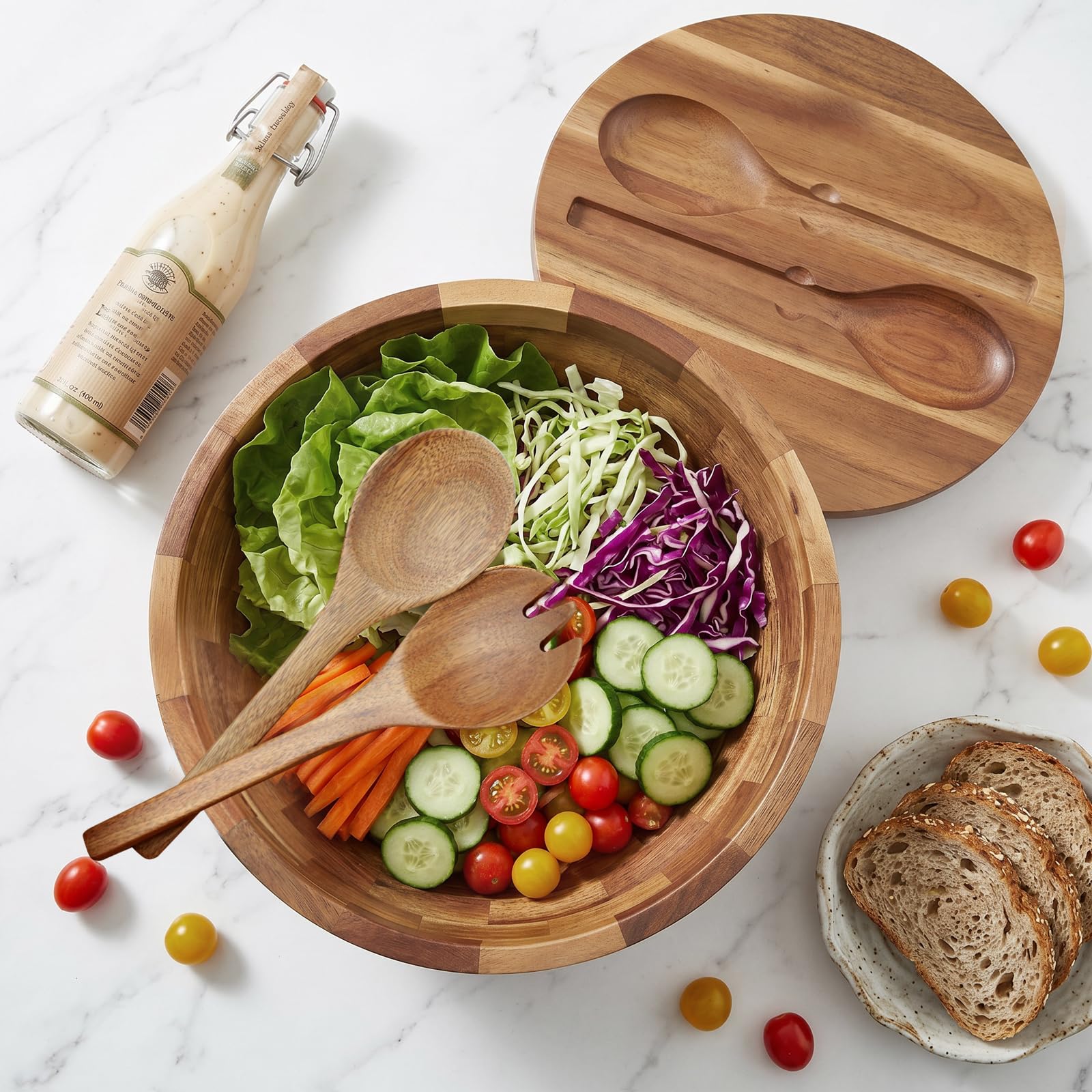 Cuenco Redondo de Madera de Acacia, Ideal como Ensaladera,Ø 26.5 cm | Cuenco para Mezclar, Frutero o Cuenco para Pan, Utensilios de Cocina, Perfecto para Cocina, Picnic y Fiesta