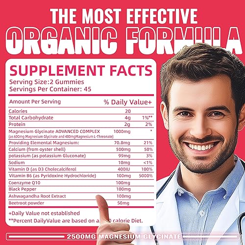 Miniatura 4 de Gomitas de glicinato de magnesio de 2500 mg  Suplemento de magnesio y potasio sin azúcar con vitamina D, B6, CoQ10 para un estado de ánimo tranquilo