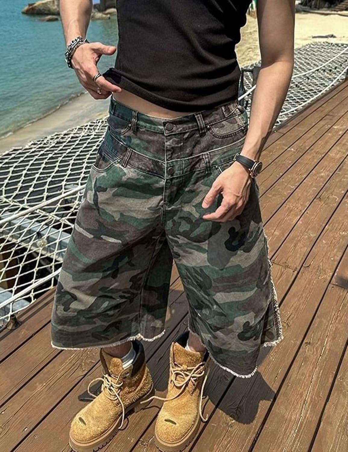 FCOOLYEET Camo Jean Shorts Y2k Baggy Jorts Grunge Below Knee Denim Cargo Shorts for Men - Image 6