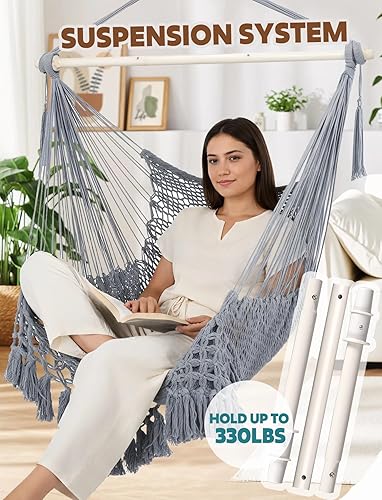 Miniatura 57 de Chihee Silla de hamaca súper grande, sillas colgantes de cuerda de algodón hilado suave, plegable y resistente, barra separadora de metal, asiento